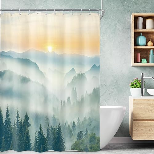 Miniatura 7 de Riyidecor Cortina de ducha brumosa, 60 pulgadas de ancho x 72 pulgadas de alto, paisaje rústico de montaña brumosa, paisaje de parque nacional,