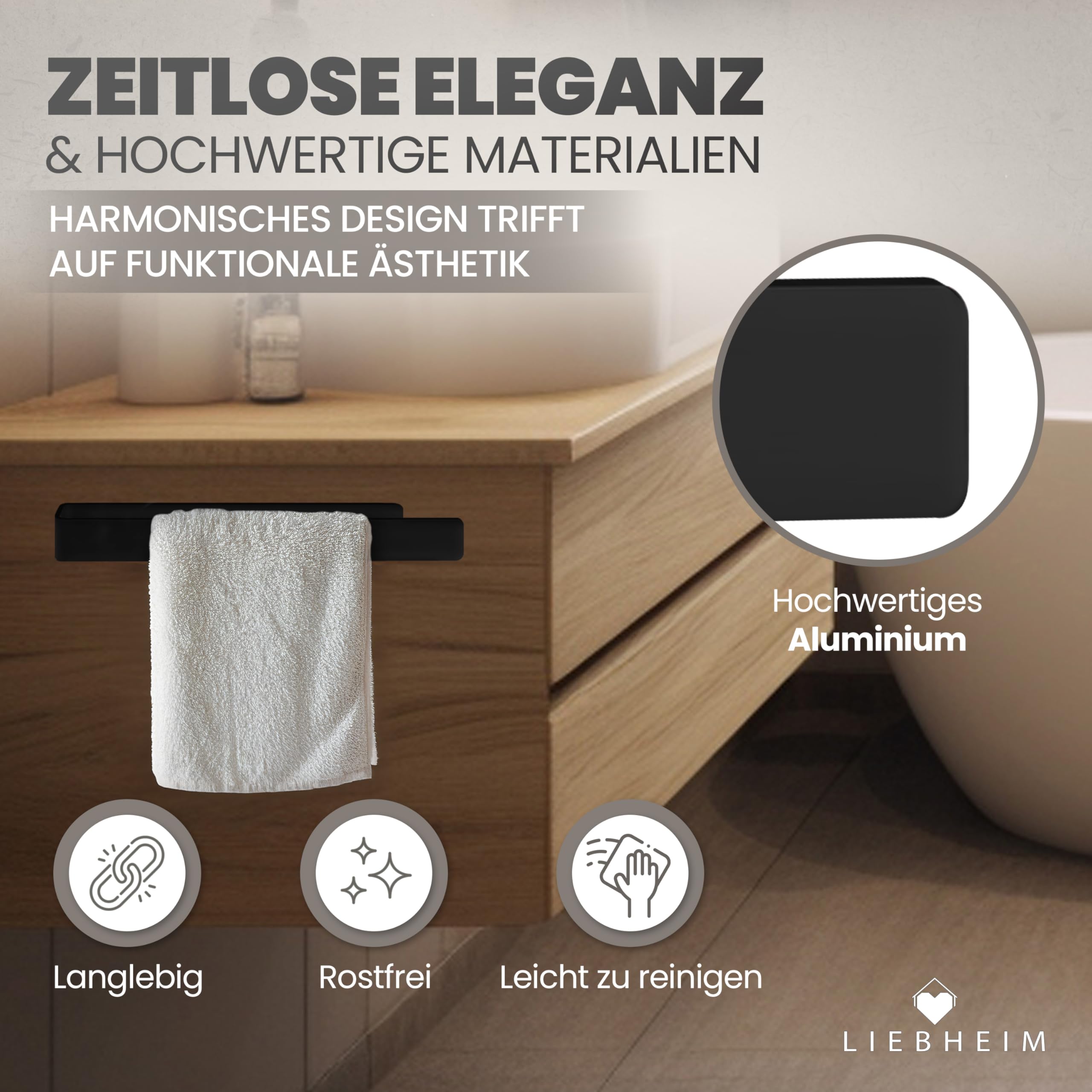 LIEBHEIM Handtuchhalter ohne Bohren schwarz- Handtuchhalterung Wand - Handtuchstange - Handtuch Halter Bad - Handtuch Stange Badezimmer - Badetuchhalterung - Aluminium schwarz 40 cm