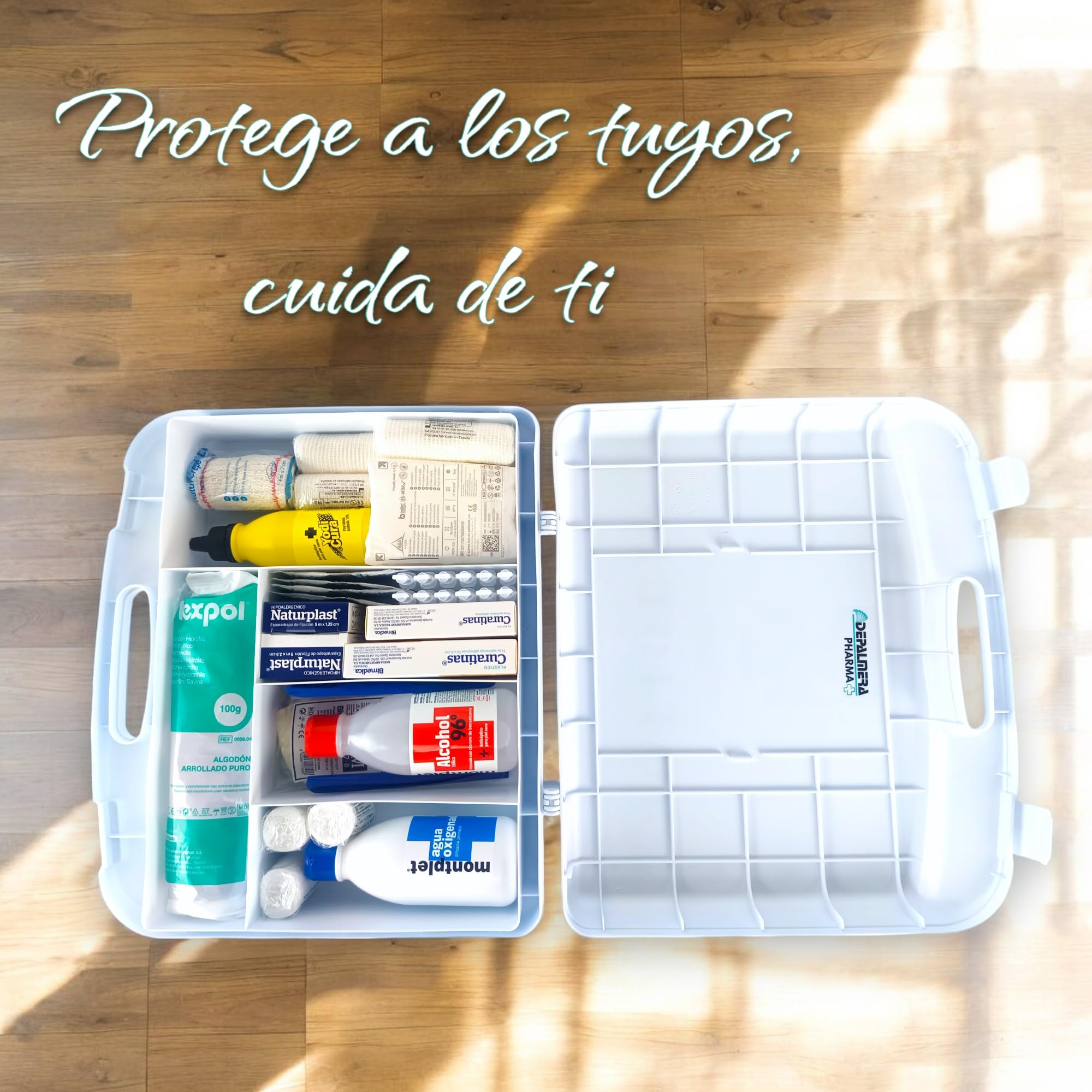 Pharma✙ Botiquín de Primeros Auxilios para Hogar y Trabajo, Maletín completo homologado 38x34x9cm con Vendas, Gasas, Guantes, Alcohol, Agua Oxigenada y Más, Ideal para Emergencias en casa.