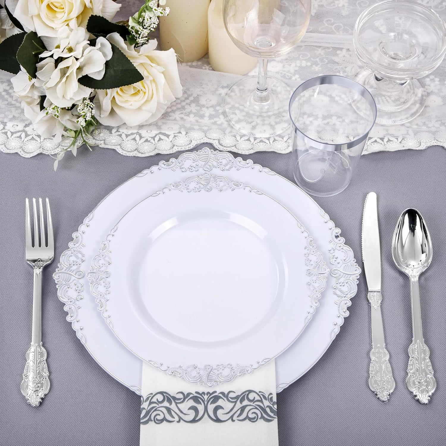 Nervure 350PCS White and Silver Plastic Plates - Silver Plastic Dinnerware Sets for 50 Guests - 100 Silver Disposable Plates, 150 Silver Plastic Silverware, 50 Cups, 100 Napkins for Wedding & Party