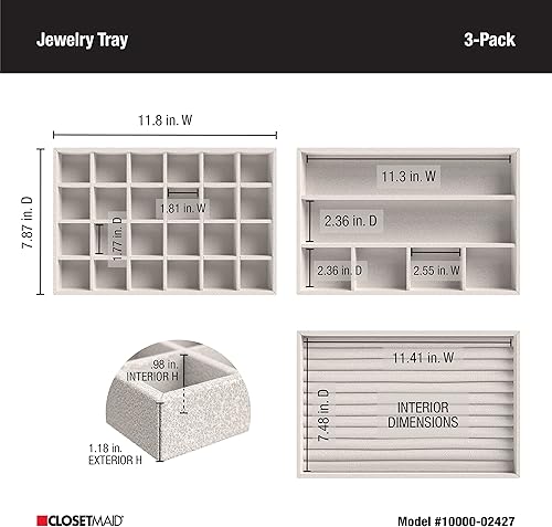 Miniatura 5 de ClosetMaid Bandejas de joyería juego de 3 apilables terciopelo suave organizador de accesorios para aretes collares relojes pulseras anillos gris