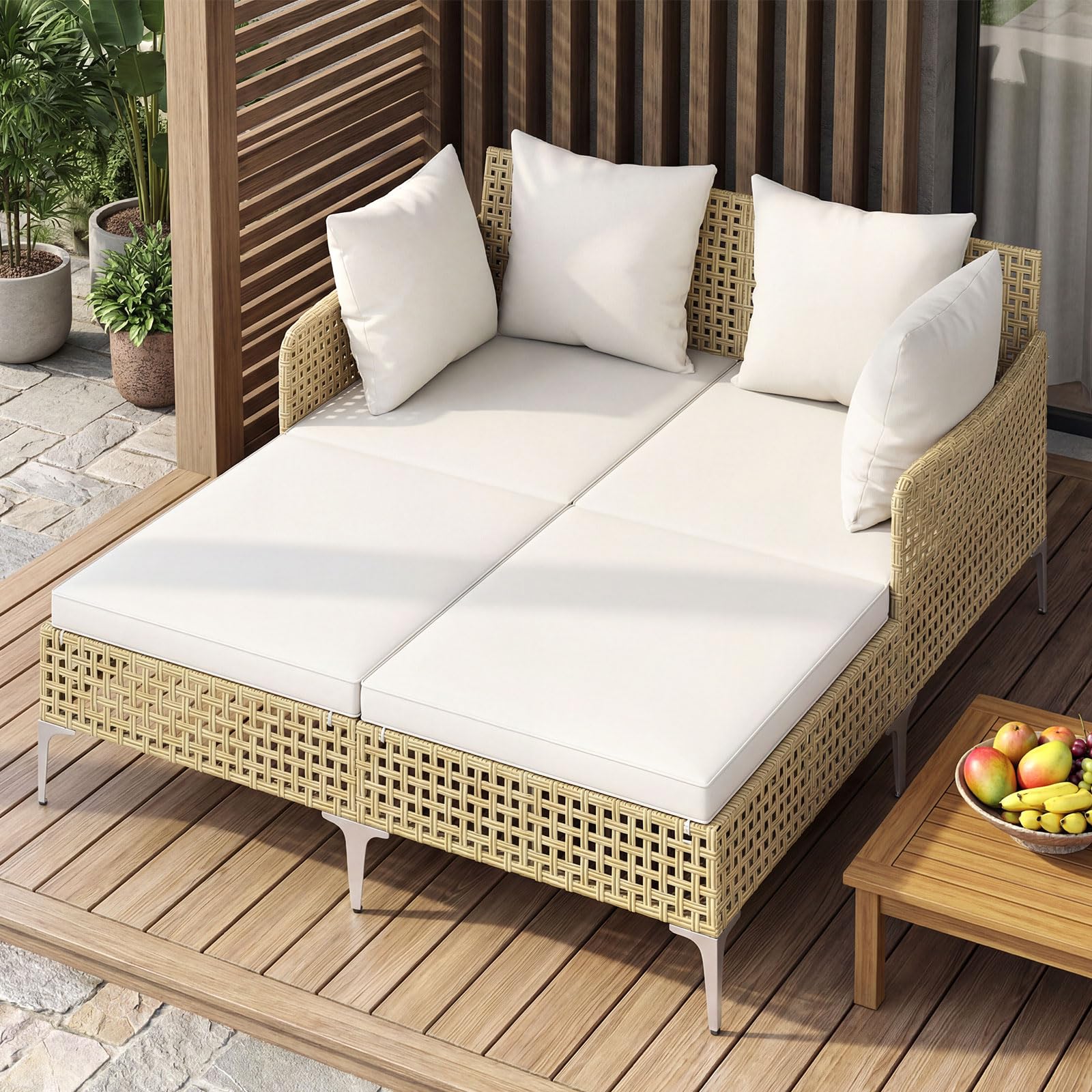 COSTWAY Sonnenliege 2 Personen, Rattan Doppelliege mit Sitz- & Rückenkissen, Gartenliege wetterfest, Liegestuhl, Sonnenbett, Outdoor Liege für Garten, Terrasse, Balkon