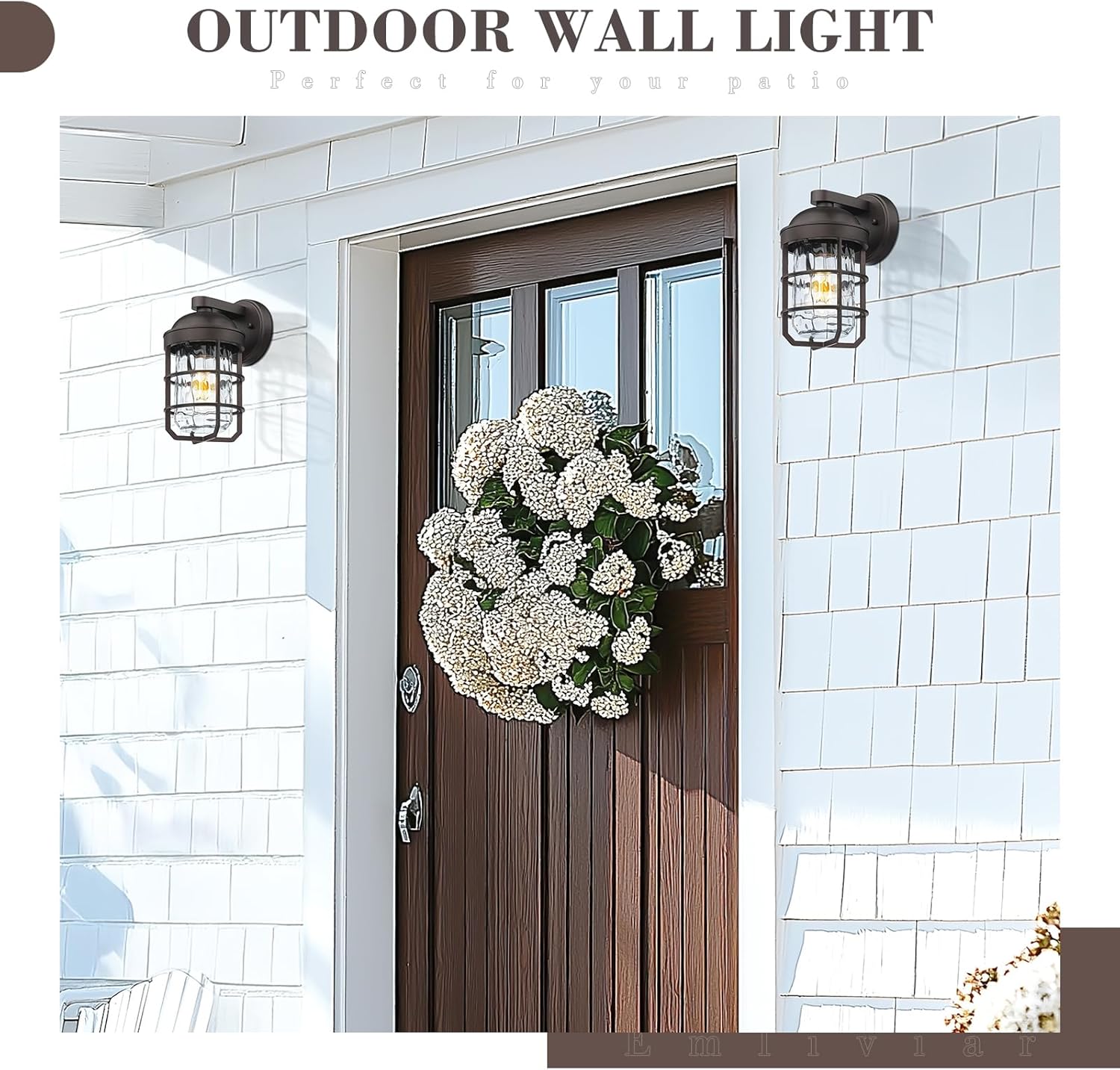 Emliviar Rustic Outdoor Wall Lanterns 2Pcs, Exterior Nautical Wall Sconce, Outside Wall Lamps with Water Ripple Glass in Oil Rubbed Bronze Finish, GE255BL-2PK ORB-WG