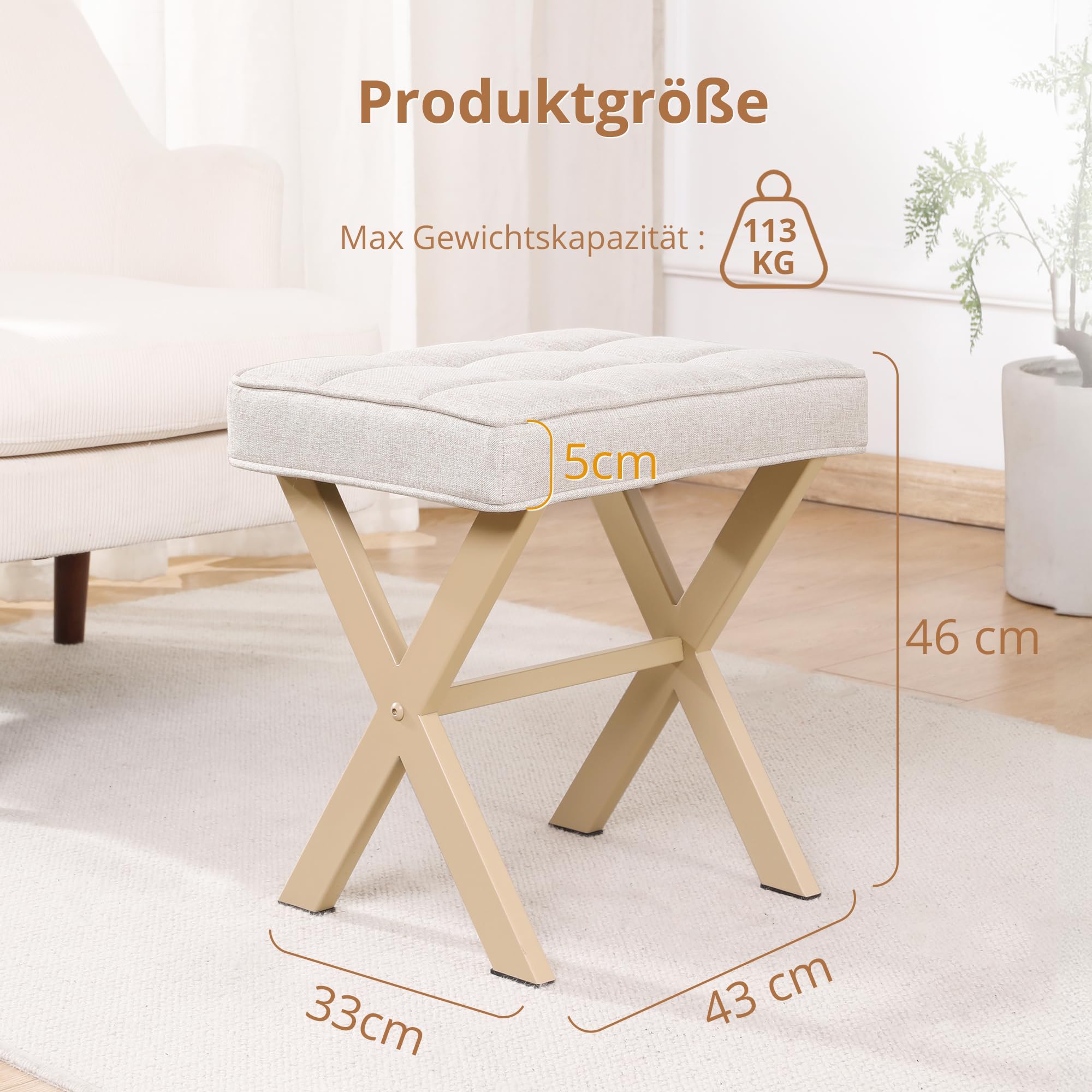 LUE BONA Fußhocker,Make-up Hocker mit X-Bein,Polsterhocker,Schminkhocker,Ottoman Sitz Fußstütze Hocker,Leinen Sitzhocker für Wohnzimmer,Schlafzimmer,43 x 33 x 46 cm,Leinen-Sand