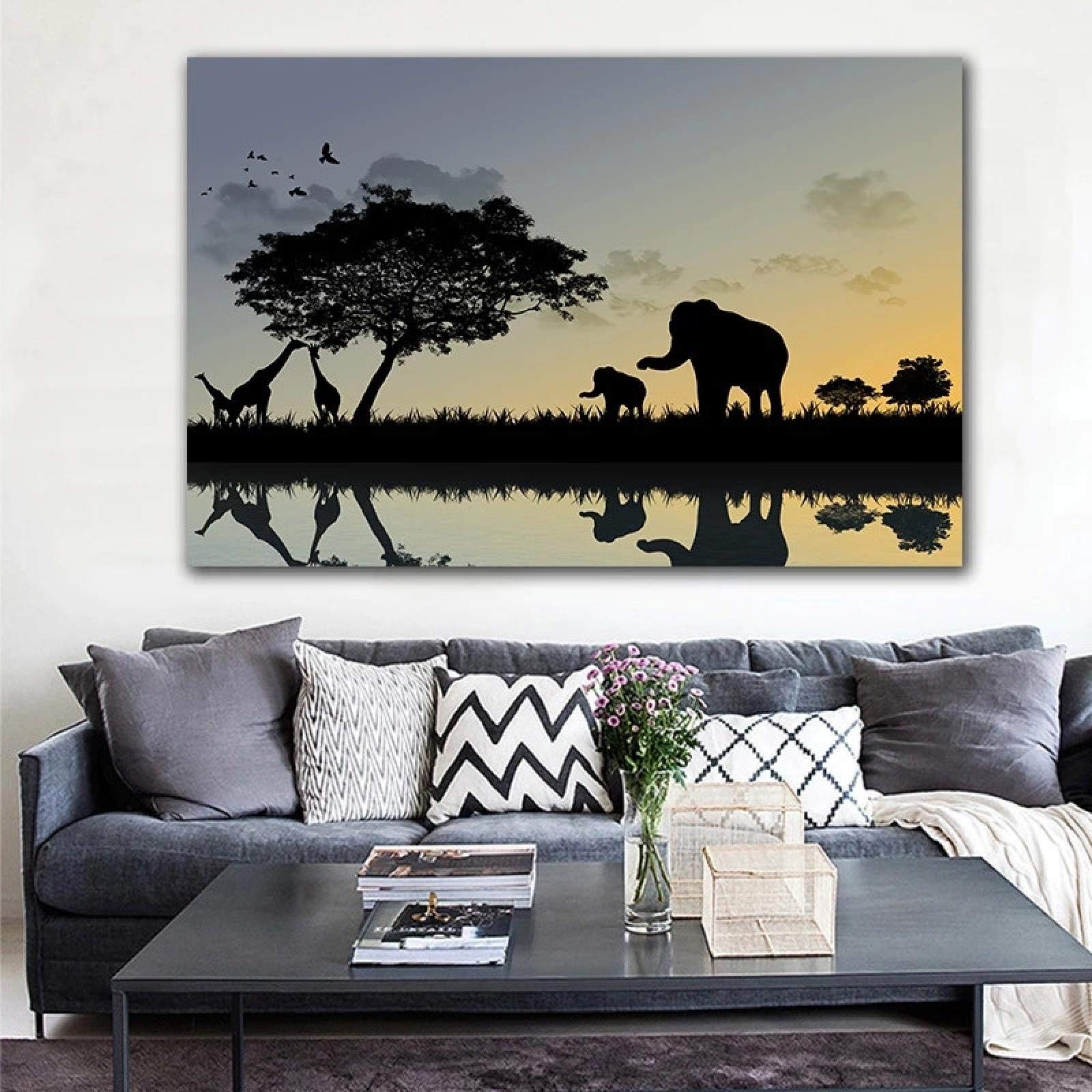 Amazon｜アフリカ風景キャンバス絵画サンセットエレファント