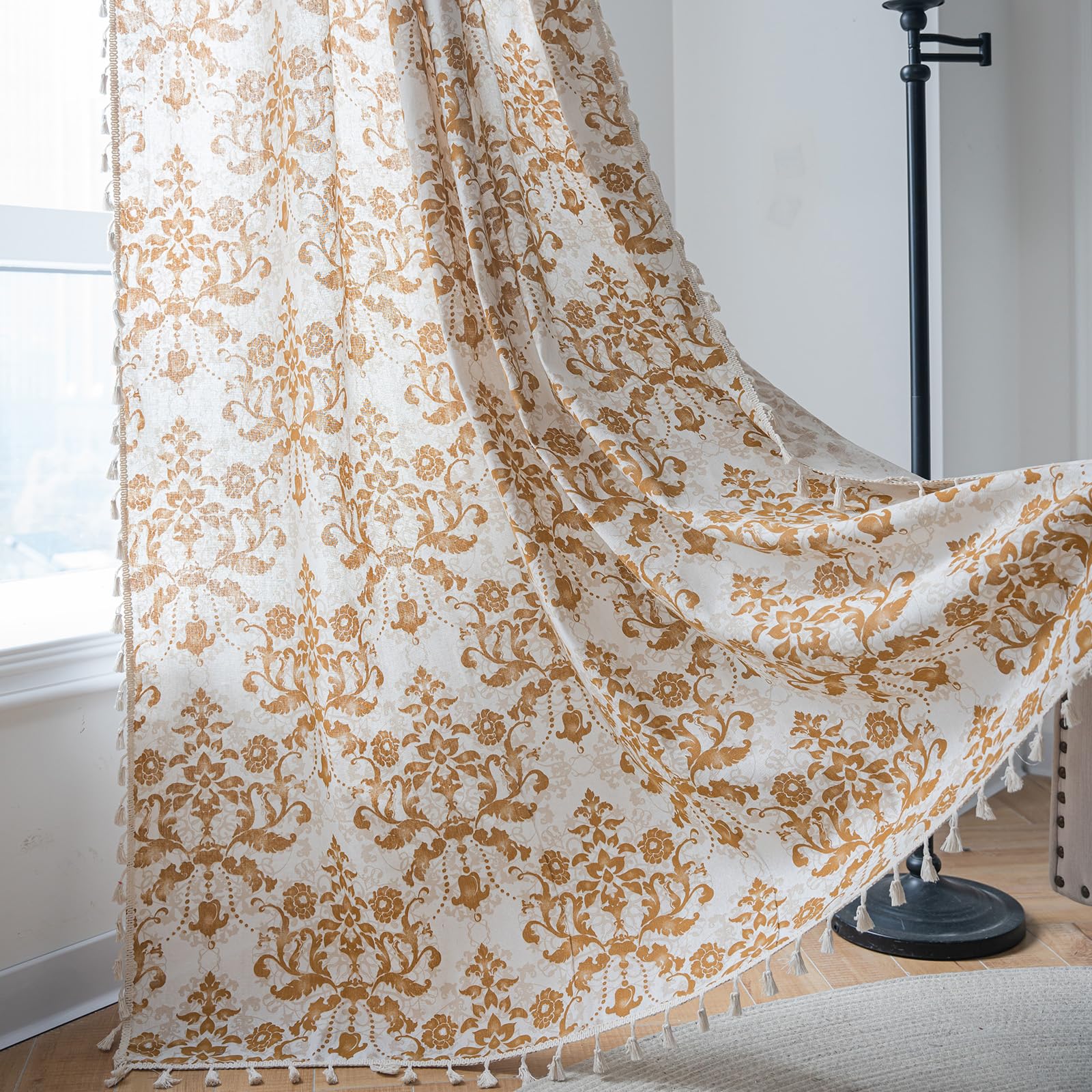 USTIDE Farmhouse Bohemian Curtains 71 Inch, Moroccan Print Cotton Linen Rod Pocket with Tassels, Brown Damask Window Treatment for Bedroom & Living Room, 1 Panel, 150x180cm — image 1