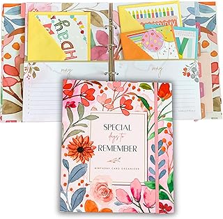 Greeting Card Organizer with 27 Pockets - Hardcover - Floral Birthday Book - Perpetual Calendar and Dates to Remember - Christmas, Holidays, Anniversary Reminders - Card Keeper