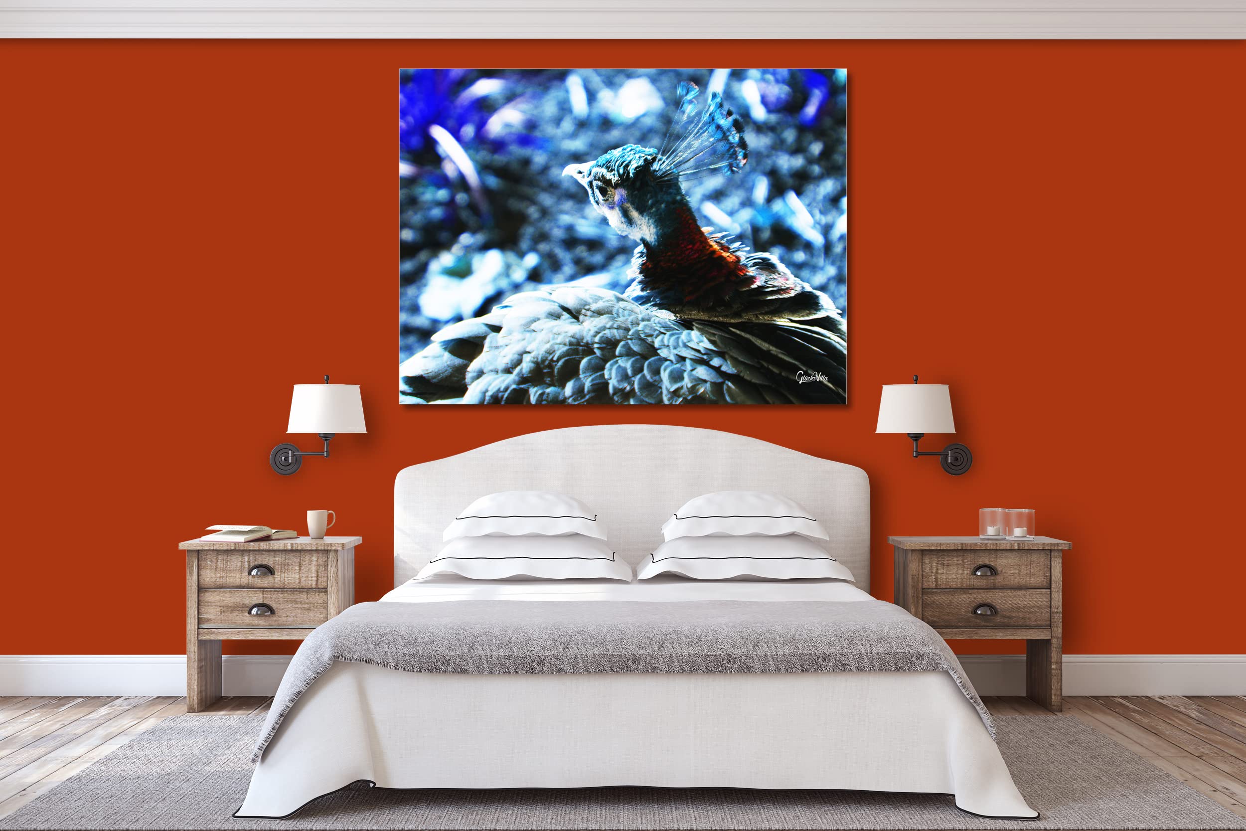 Glücksvilla - Der schöne Pfau 1 (Acrylglas-Bild 5 mm, 80 x 60 cm) | div. Maße - aus DE - Kunstdruck XXL Deko Wandbild quer - Vogel Natur Tier Gefieder grün blau