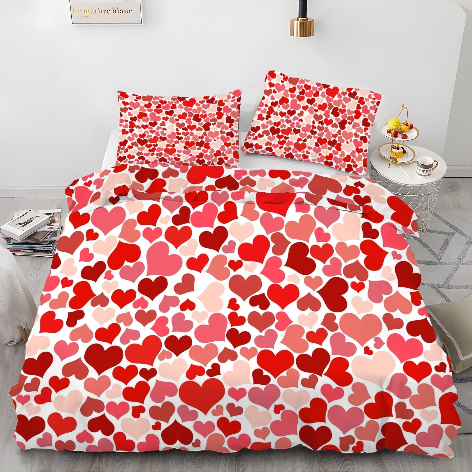 Housse de couette 200x200 coeur avec 2 taies d'oreiller en microfibre imprimée