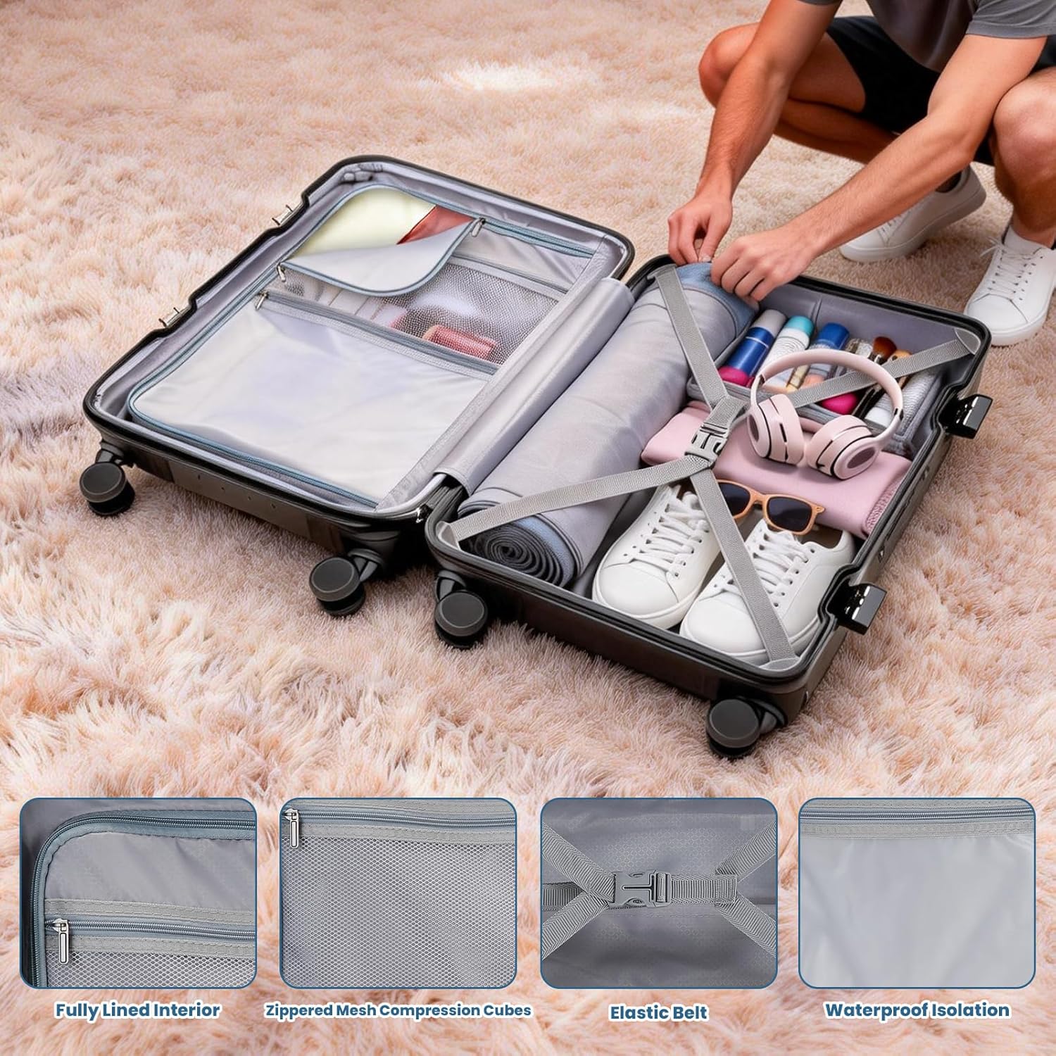 20 Inch Carry On Luggage, Zipperless Luggage with Front Open Expandable, Hard Shell Suitcase with Spinner Wheels, Cup and Phone Holder, TSA Lock, USB Charger for Trips, Grey