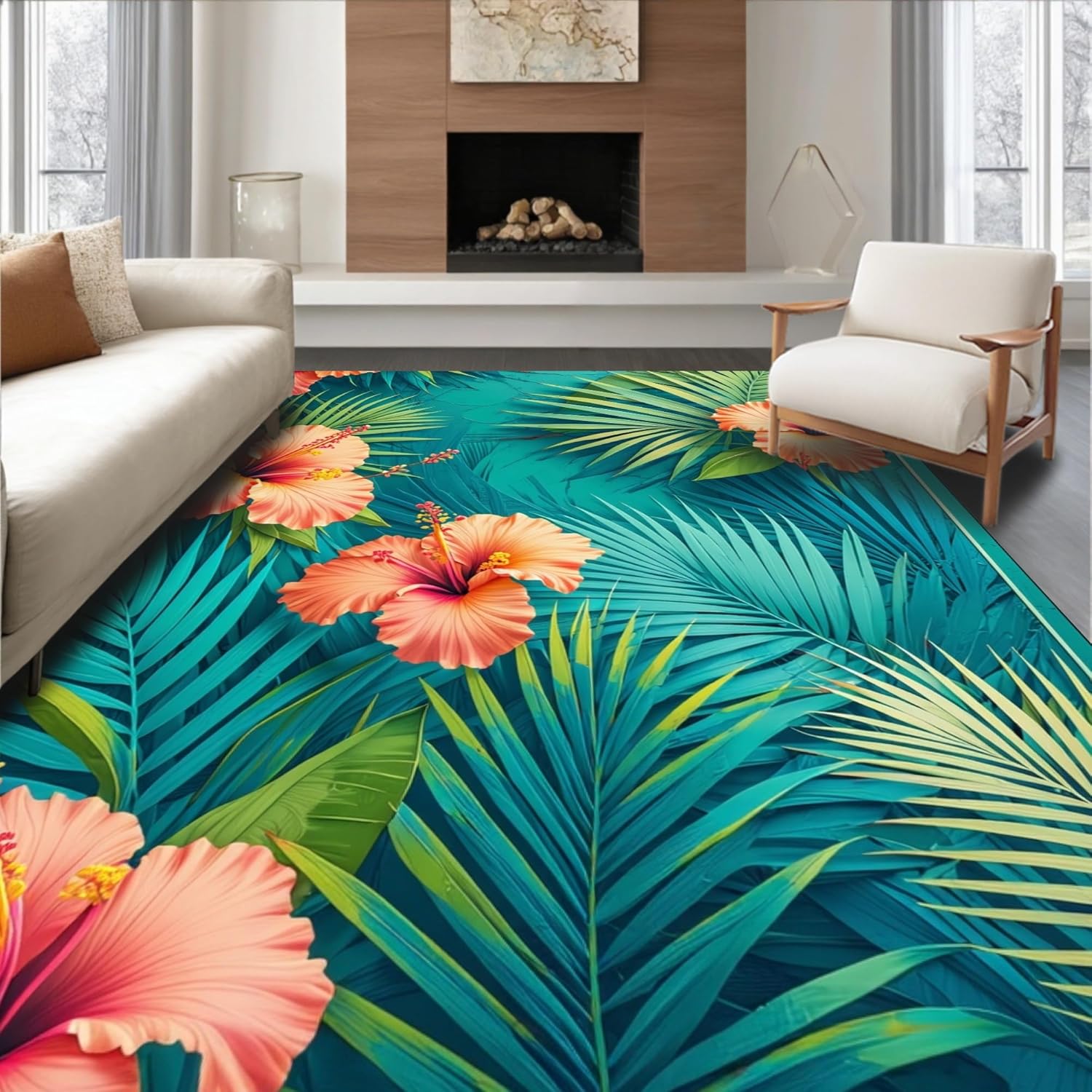 4'x6' Washable Area Rug - Tropical Palmetto Medallion with Lush Botanical Motifs Turquoise Non-Slip Chair-Friendly Carpet for Home Office, Gaming Room, Reading Nook, Flatwoven | Ref: 259150
