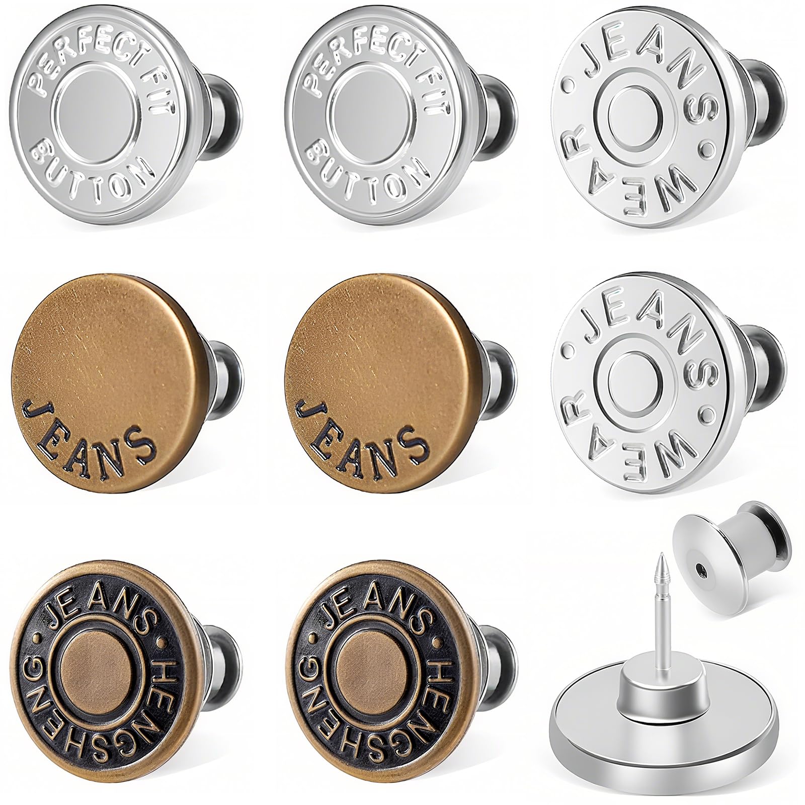 Ceryvop 8 Sets Buttons Pins for Loose Jeans, No-Sew Adjustable and Reusable Metal Pants Button Tightener