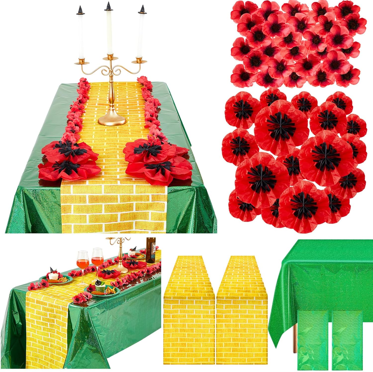 96 Pcs Witch Party Decoration Green Include Holographic Tablecloth and Gold Yellow Brick Table Runner with Artificial Red Poppy Flowers for Witch and Princess Party Supply (Yellow Brick)