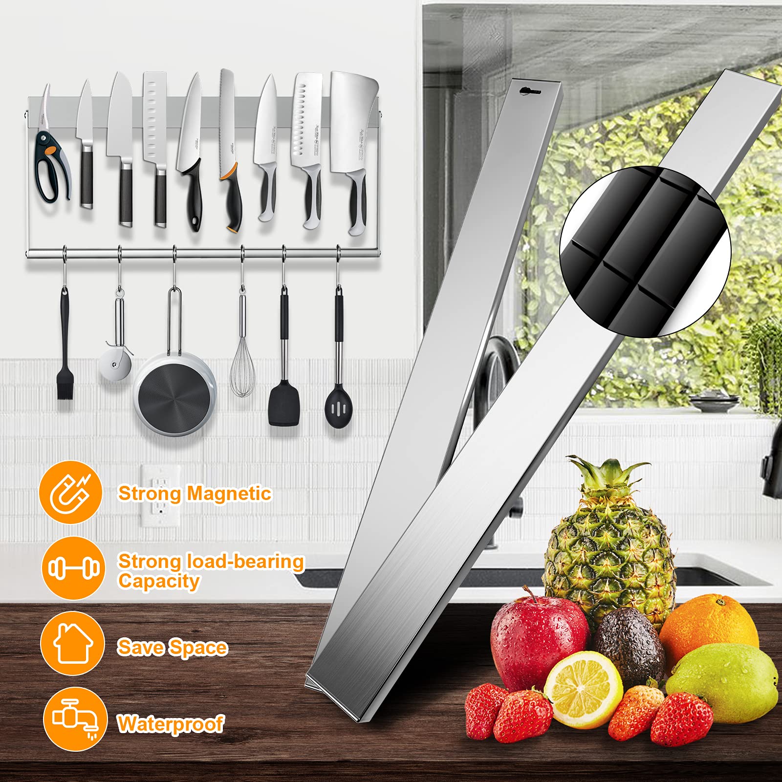 Ninonly Iman para Cuchillos en Pared 40cm Barra Magnetica para Cuchillos de Acero Inoxidable con 6 Quitar Ganchos Soporte Magnetico para Cuchillos y Soportes para Utensilio