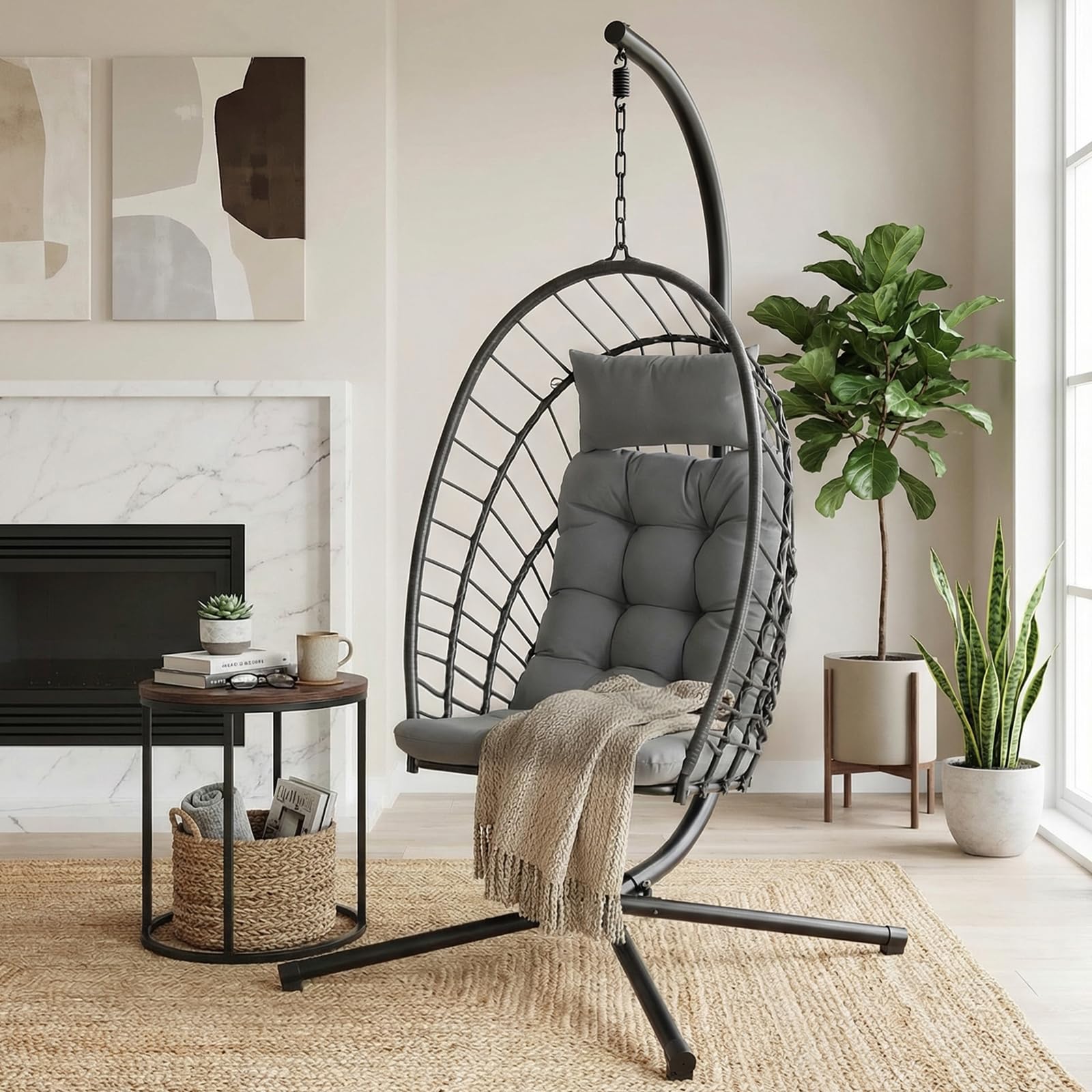 LIFERUN Hängesessel mit Gestell, Faltbarer Eiersessel mit Kissen, In- & Outdoor Freizeitsessel, Schaukel für Erwachsene & Kinder, für Garten, Terrasse, Balkon, Wohnzimmer, Belastbar bis 160 kg (Grau)