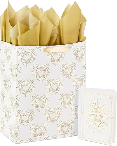 Hallmark Bolsa de regalo de corazón grande de 13 pulgadas con tarjeta de boda y papel de seda (mejores deseos dorado y blanco, corazones) para