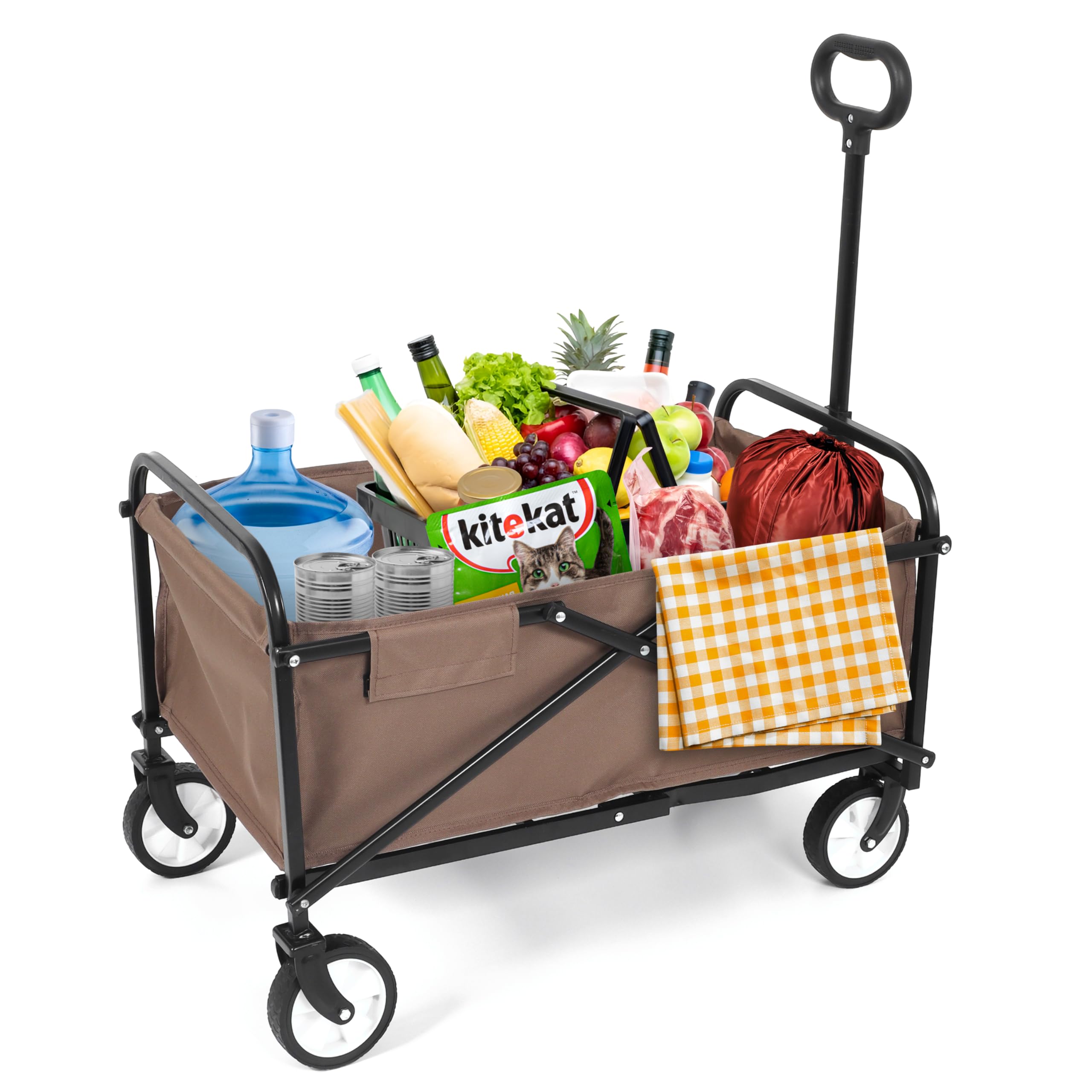 składany wózek transportowy, stabilna rama stalowa, udźwig 80 kg, kompaktowy, składany, wytrzymały poliester 600D, idealny na plażę, kemping, do ogrodu i na zakupy - brązowy