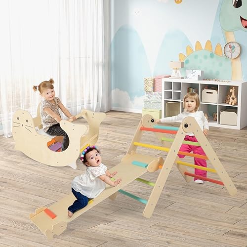 Miniatura 2 de COSTWAY Climbing Triangle with Slide, 7-in-1 Indoor Climbing Frame from 3 Years, Foldable & Height-Adjustable, Indoor Playground Freely Combinable