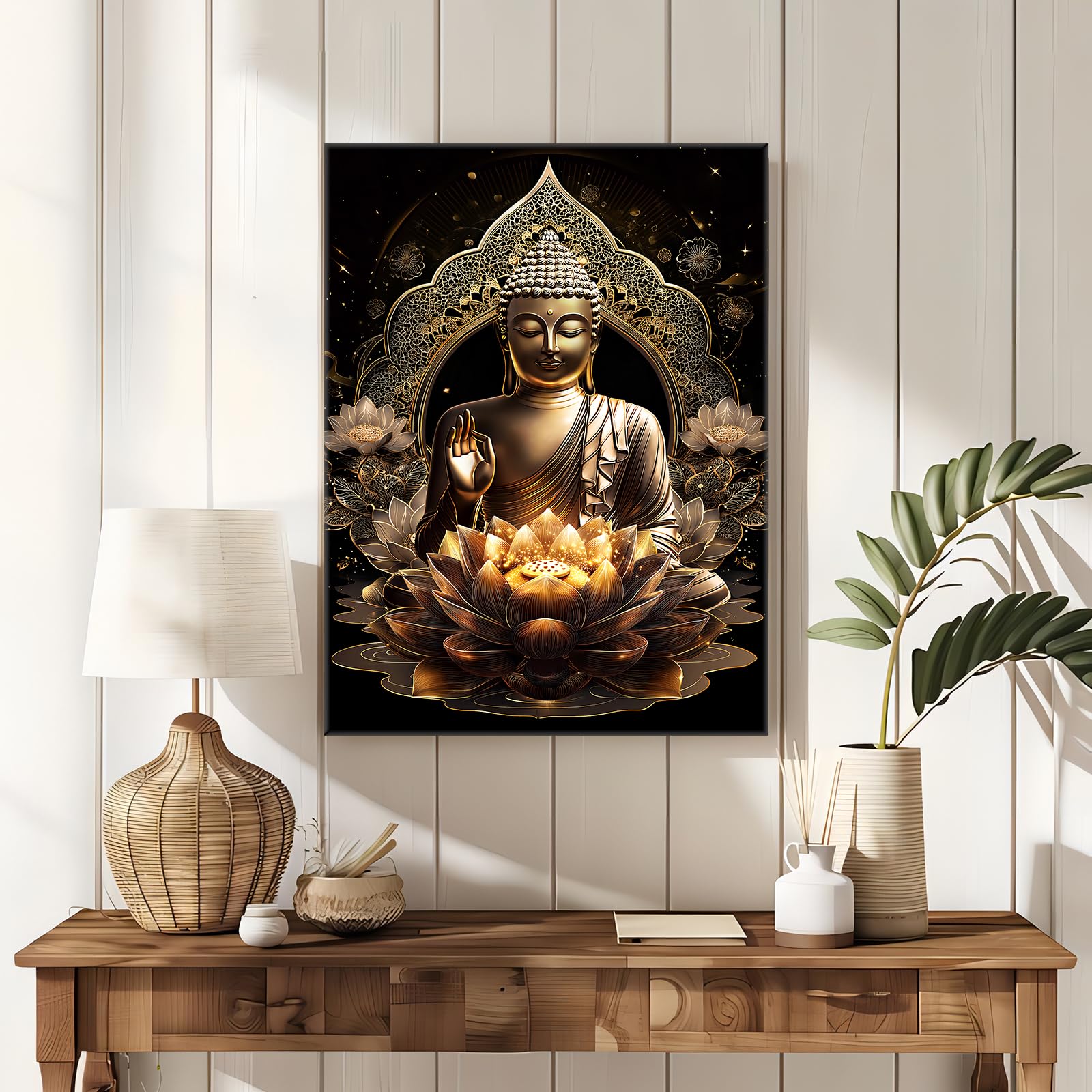 Wooden Framed Canvas Wall Art Bronze Buddha Statue Lotus Flowers Painting on Canvas Prints Poster Zen Spa Buddhism Prayer Pictures for Living Room Bedroom Home Hallway Corridor Wall Decor 30x40cm - Image 4