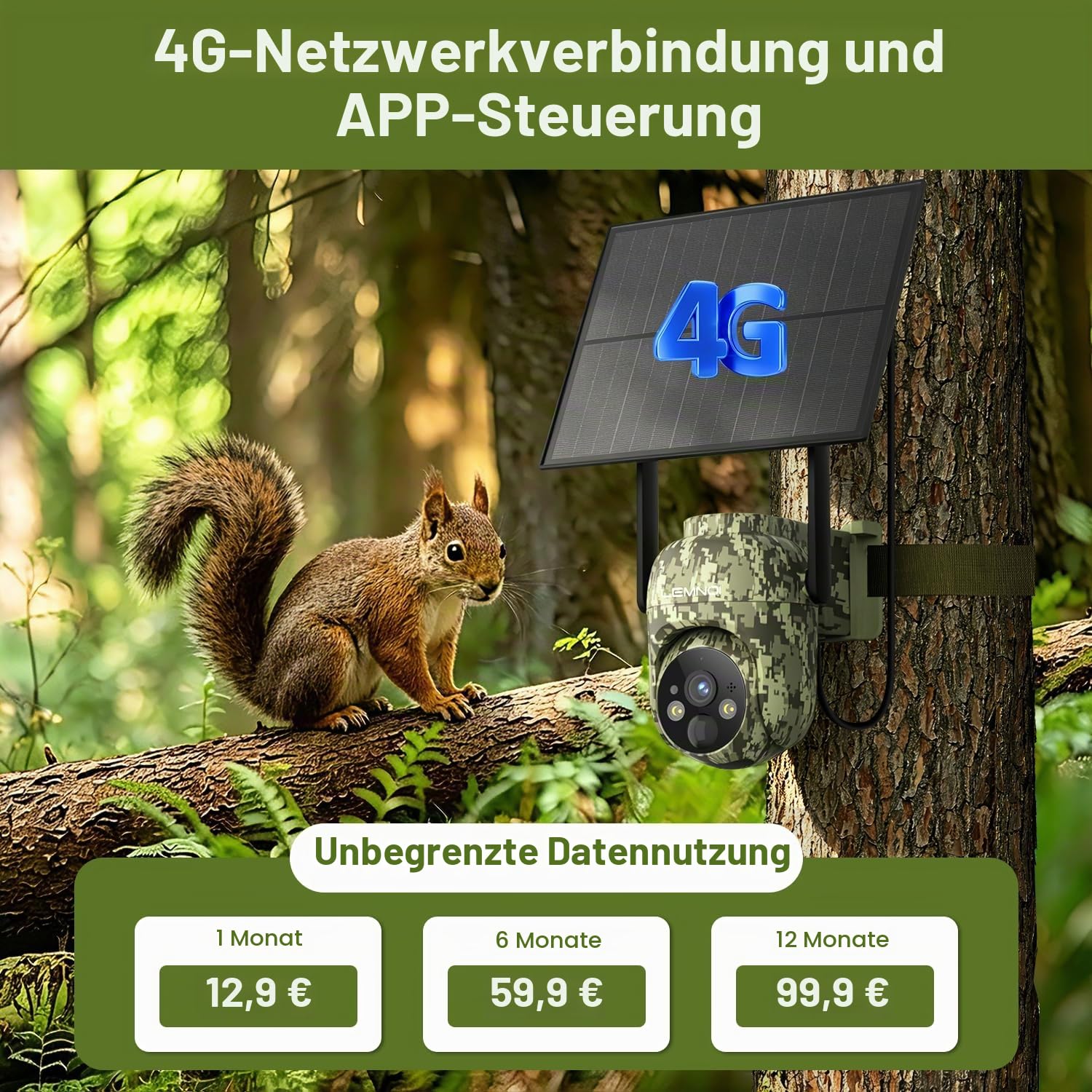 Lemnoi Solar Wildkamera Ohne WLAN, 4G LTE Überwachungskamera Aussen mit vorinstallierter SIM-Karte, 2K Akku Wildkamera mit Bewegungsmelder, Farbnachtsicht, Solarpanel, IP66 wasserdicht