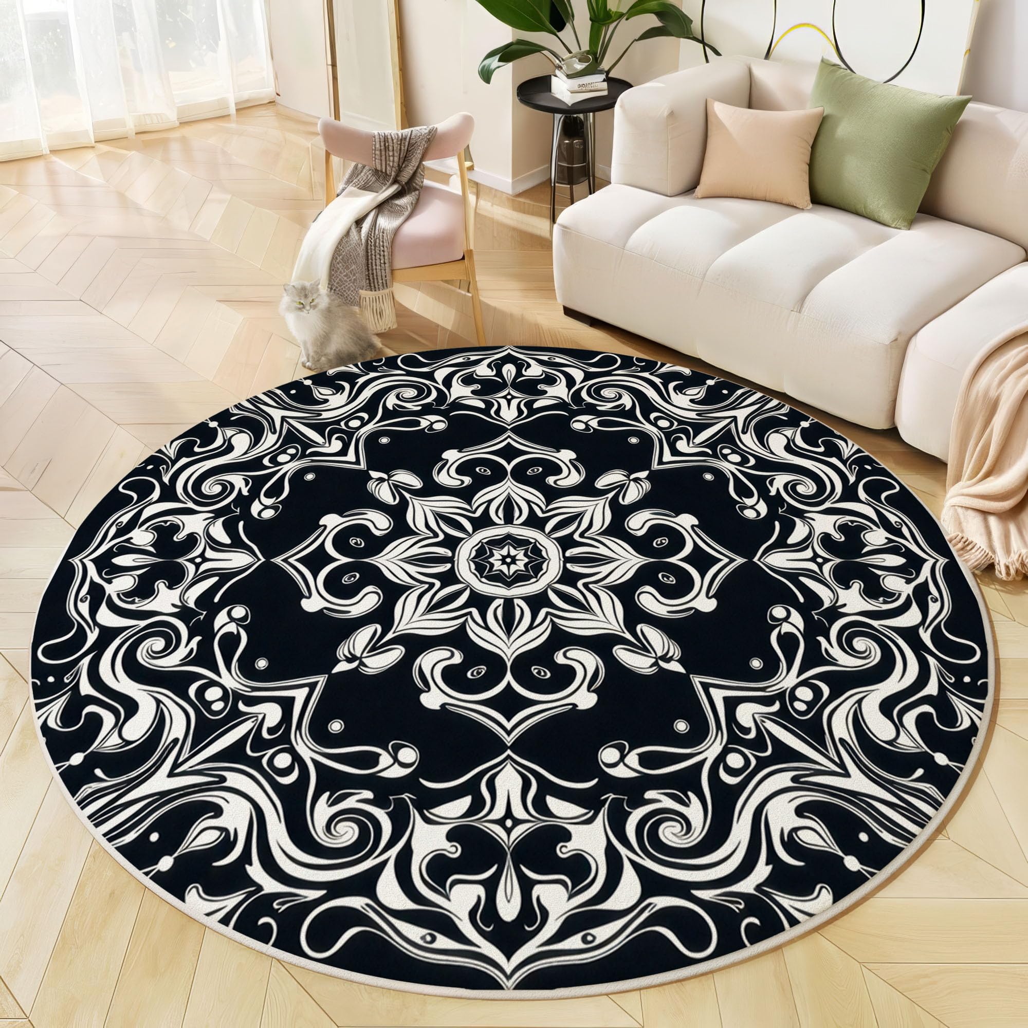 Paisley-Muster Kurzflor Teppich Rund 120cm Weicher Runder Teppich Mandala-Blumen Waschbar & Rutschfester Teppiche für Schlafzimmer, Gastzimmer, Esszimmer, Schwarz