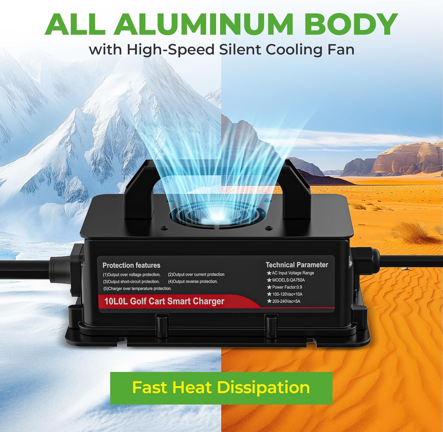 48V 15A Battery Charger for EZGO RXV Golf Cart - IP68 Waterproof, Auto Shut-Off, Smart Cooling, Aluminum Housing, Charging Indicator (Black)