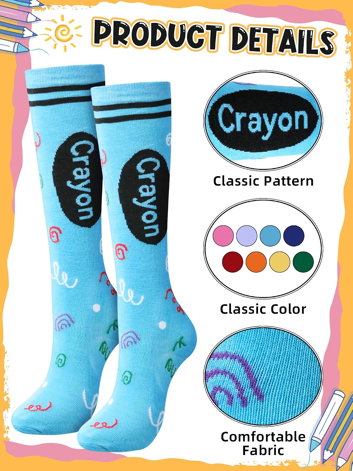 12 Pairs Crayon Socks for Women Adults, Colorful Striped Socks Bulk for Spirit Week Color Run Group Costumes