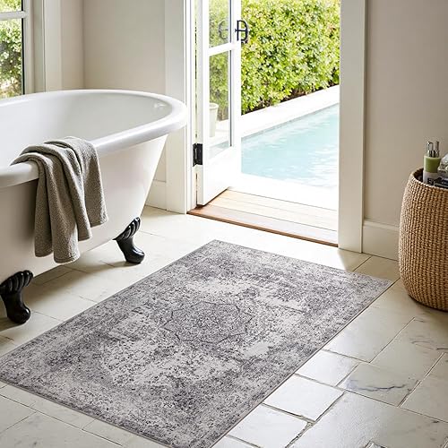 Miniatura 3 de jinchan Alfombra de área lavable de 3 x 5 pies, alfombra vintage envejecida, alfombra gris para entrada interior, alfombra delgada plegable gris