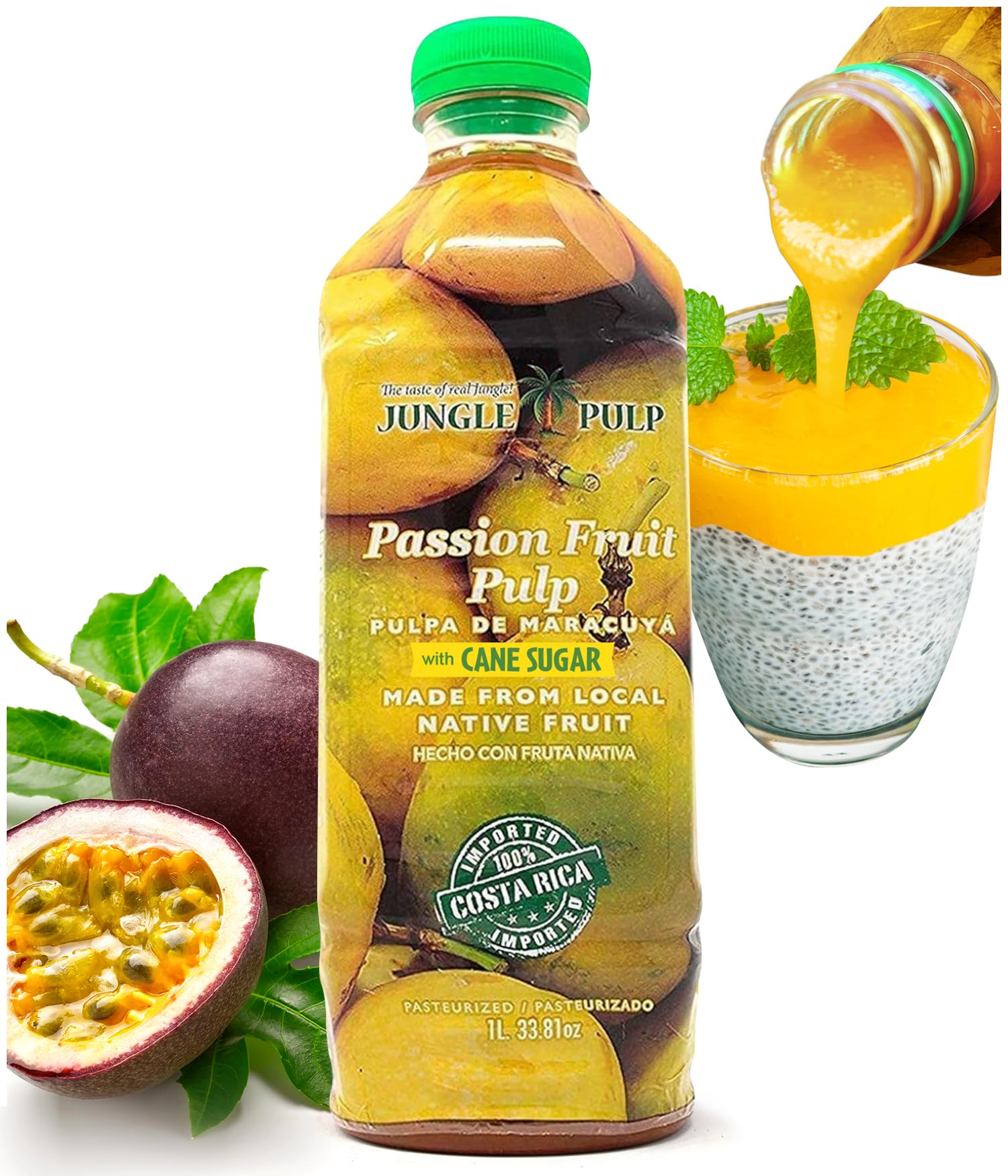 Jungle Pulp Passion Fruit Puree Costa Rica Blend, Topping, Flavoring, Better Than Syrup, For Cocktails, Pastries, Smoothies and Cooking 33.8oz/1 Liter.