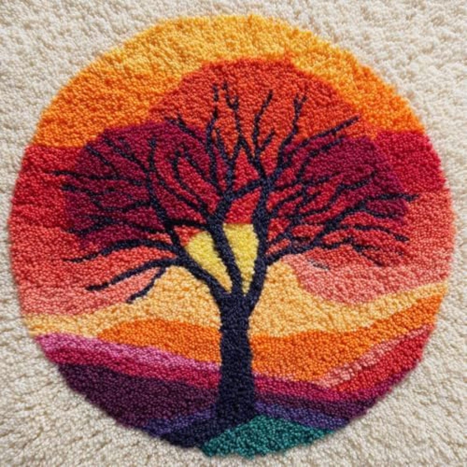 XDEGHUANGSS Latch Hook Rug Kit Sycamore Tree and Sunset Round Rug 52x52cm