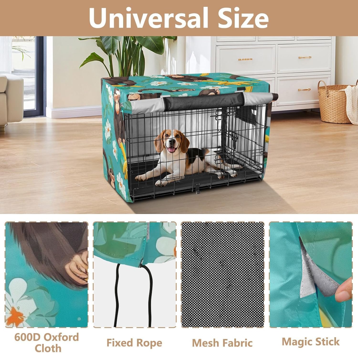 Funny Monkey Bananas Turquoise Dog Crate Covers Roll-up Side Panels, Pet Kennel Cover with Mesh Windows, X-Large