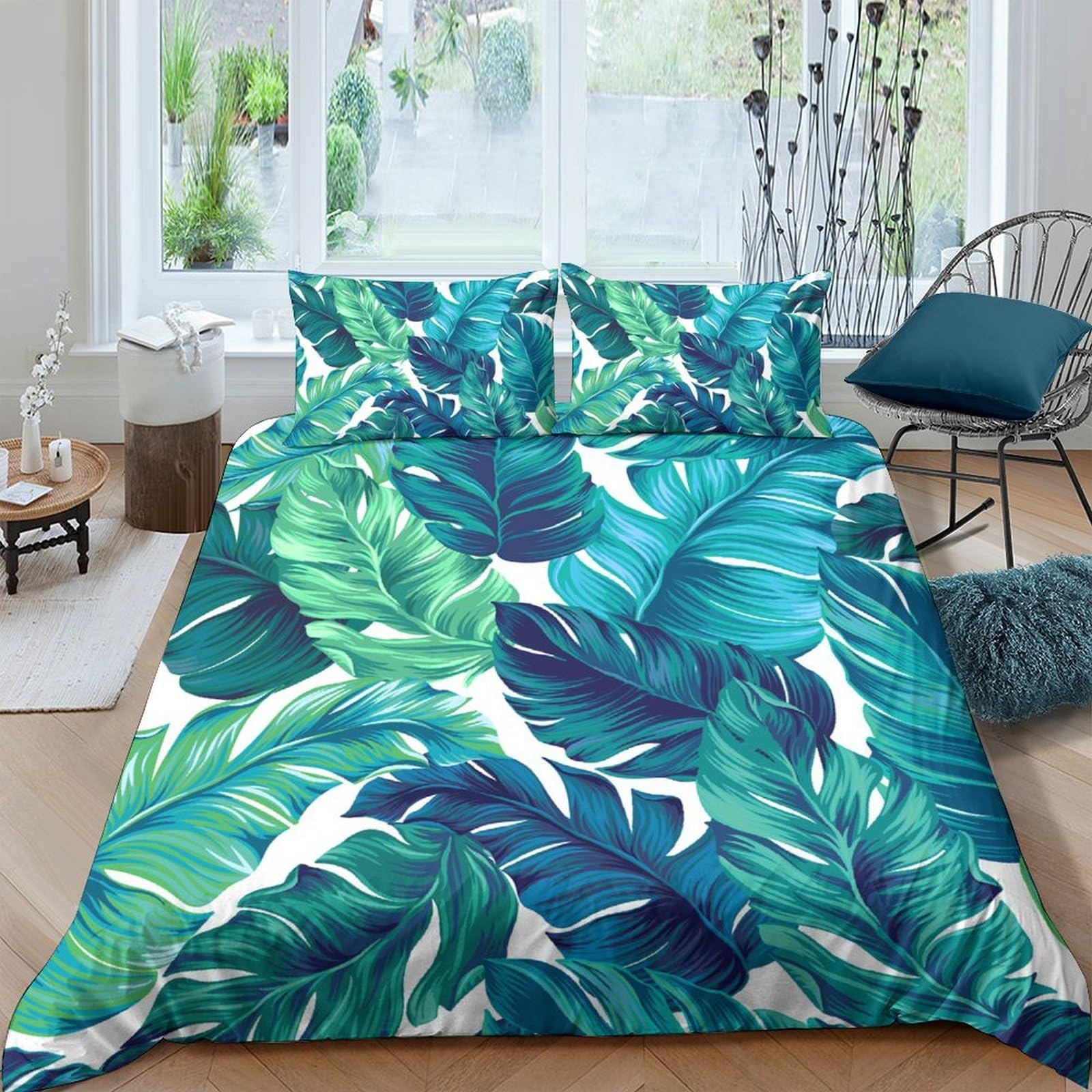 GPLZQXKJNH 3D Printed Tropical Leaf Duvet Cover Microfiber Soft Green Botanical Jungle Bedding Set with 2 Pillowcases for Bedroom Decor Single（135x200cm）