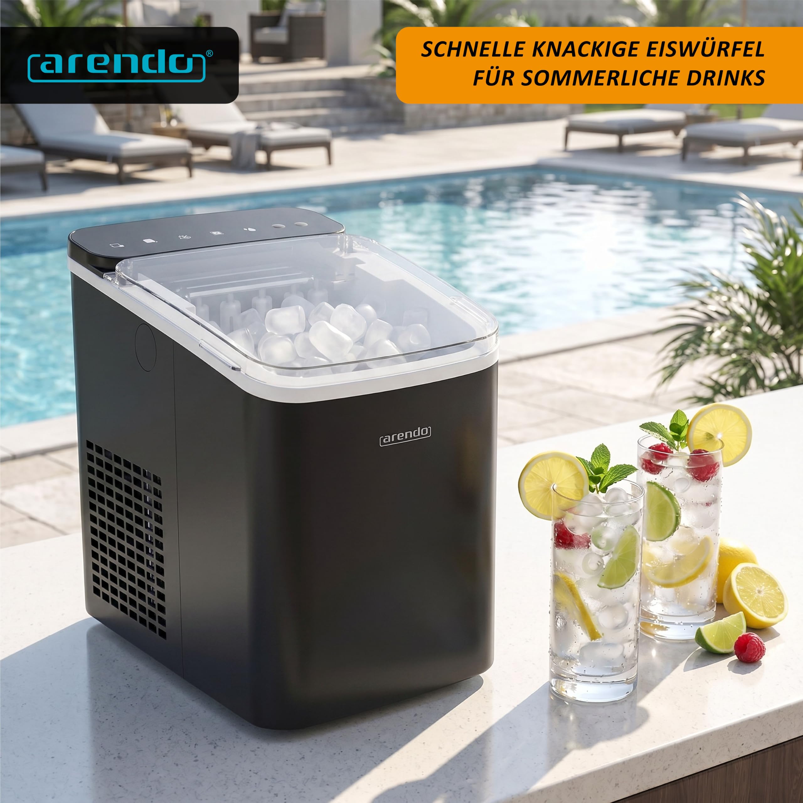 Arendo – Eiswürfelmaschine – Ice Cube Maker – 150 W – 12 kg Eis pro Tag – Automatische Abschaltfunktion – Warnfunktion – kleine Eiswürfel oder große Eiswürfel – leiser Betrieb