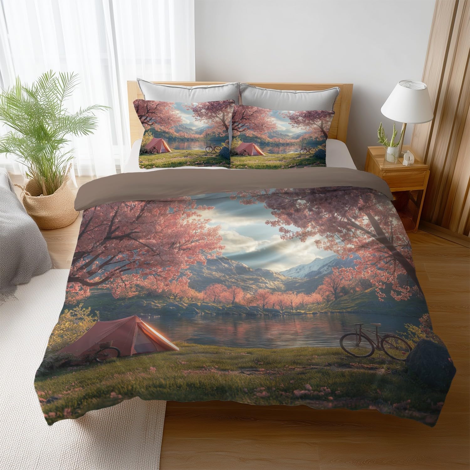 Housse de couette 160x200 rose avec taie d'oreiller 65x65 parure de lit adultes fleurs de cerisier