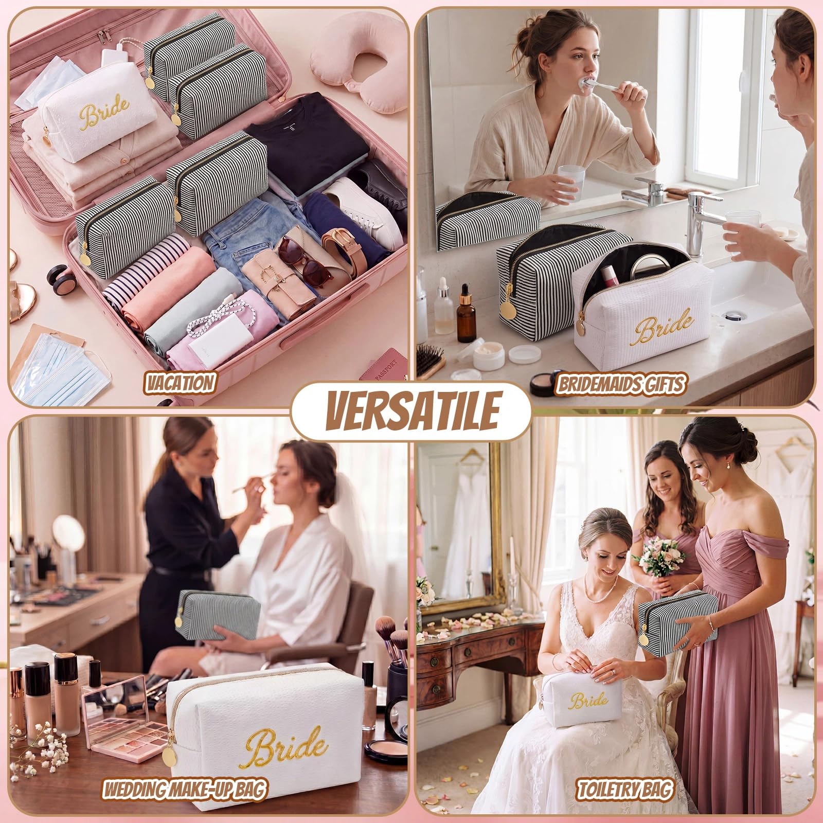 8-Piece Bridesmaid Proposal Cosmetic Bag Set with Seersucker Fabric