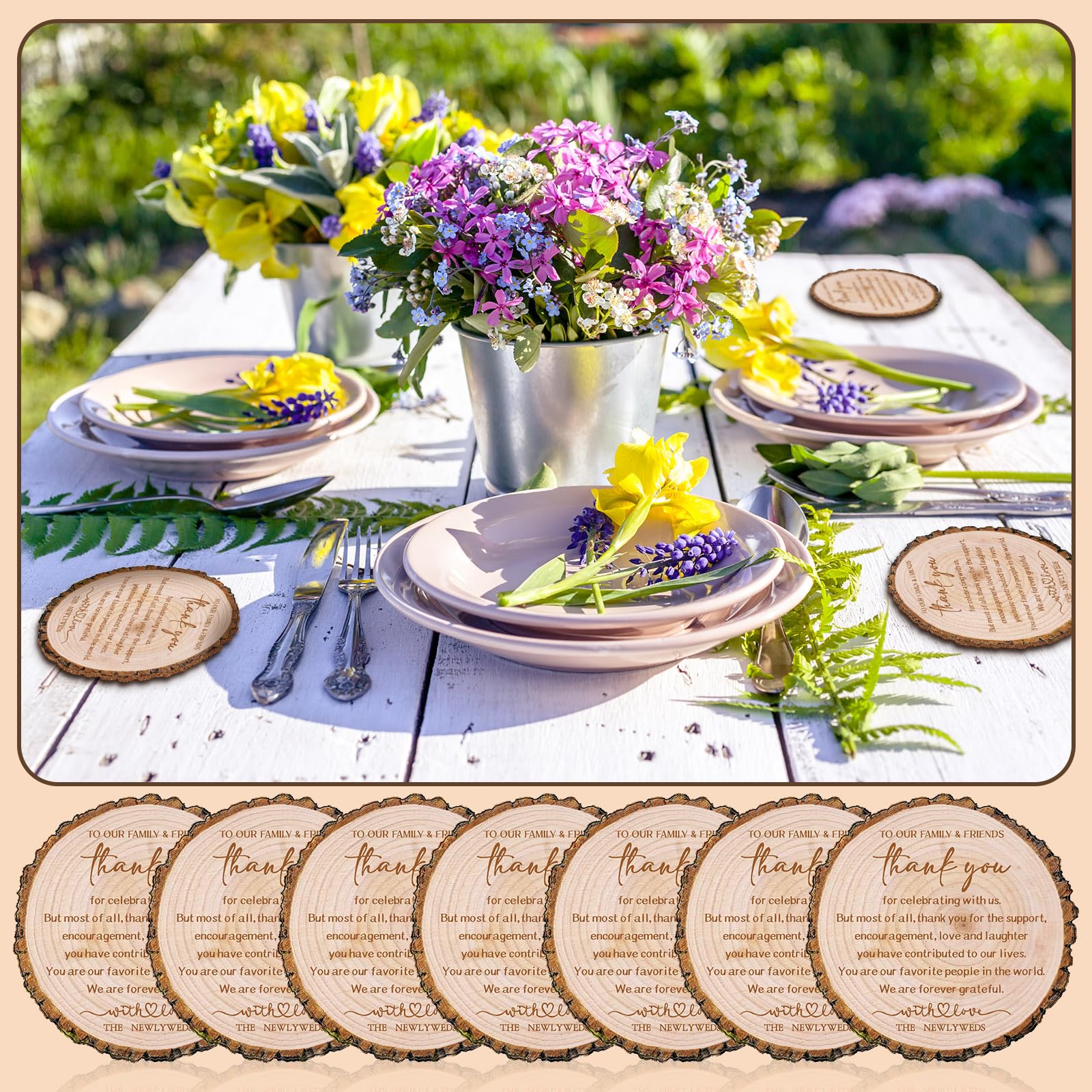 Hushee Juego de 100 posavasos de corcho con corteza de árbol para invitados a granel con texto en inglés "Thank You for Celebrating with Us", decoración de fiestas, posavasos de madera para boda,