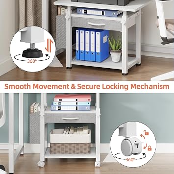 3 Tier Printer Stand on Wheels, Height Adjustable Mobile Table White