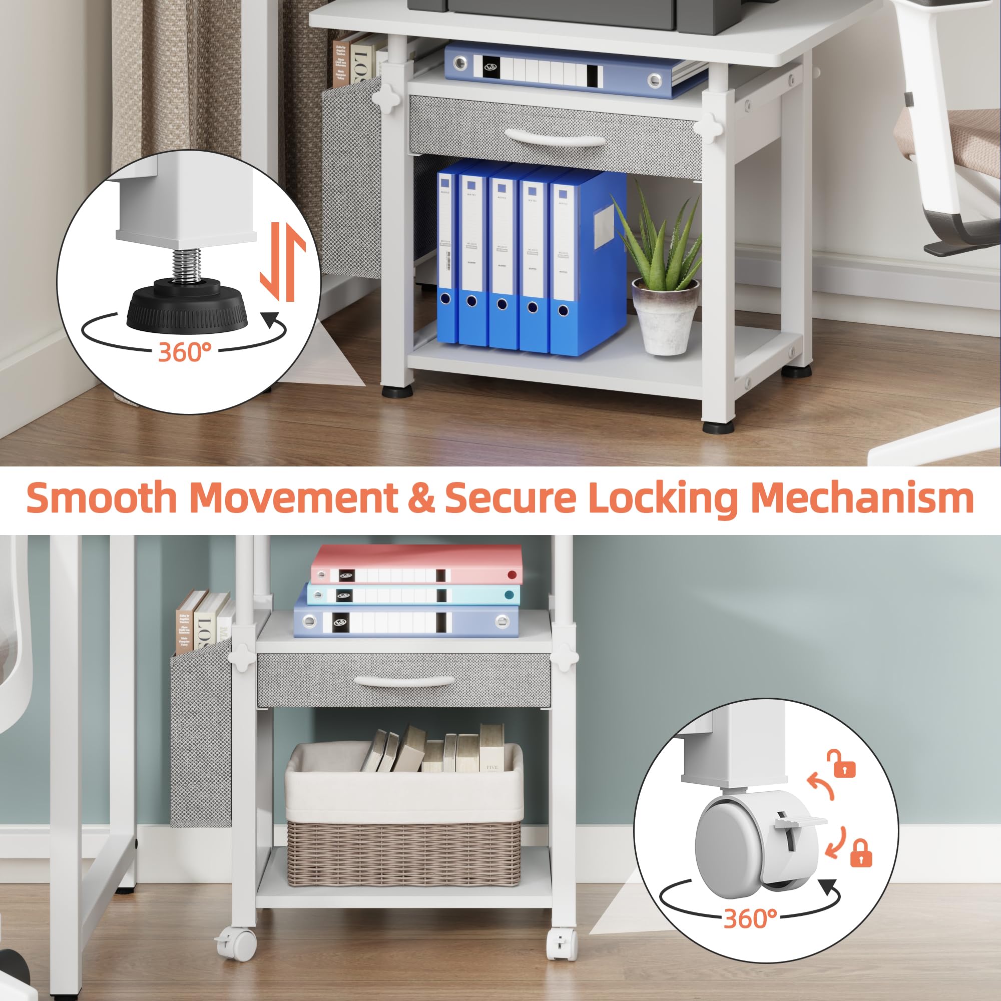Mobile Porta Stampante a 3 Livelli con Cassetto in Tessuto, Supporto per Stampante Mobiletto con Ruote&Borsa Laterale, Altezza regolabile, Scaffale da Scrivania per Ufficio Domestico, Bianco