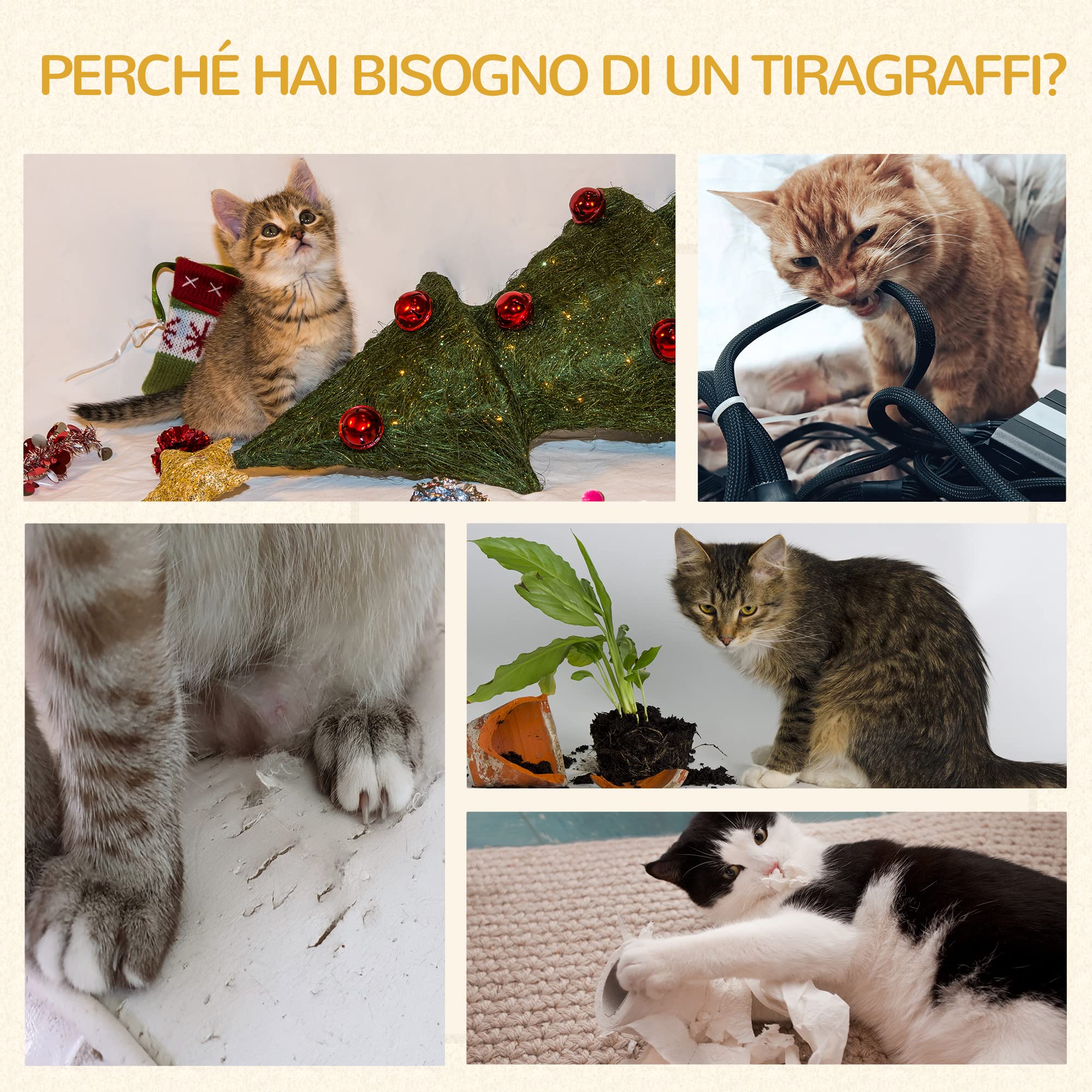 PawHut Casetta Cuccia per Gatti Tiragraffi a Torre con 3 Nicchie, Corda in Sisal e Alga Marina, Bordo Peluche, Khaki e Marrone