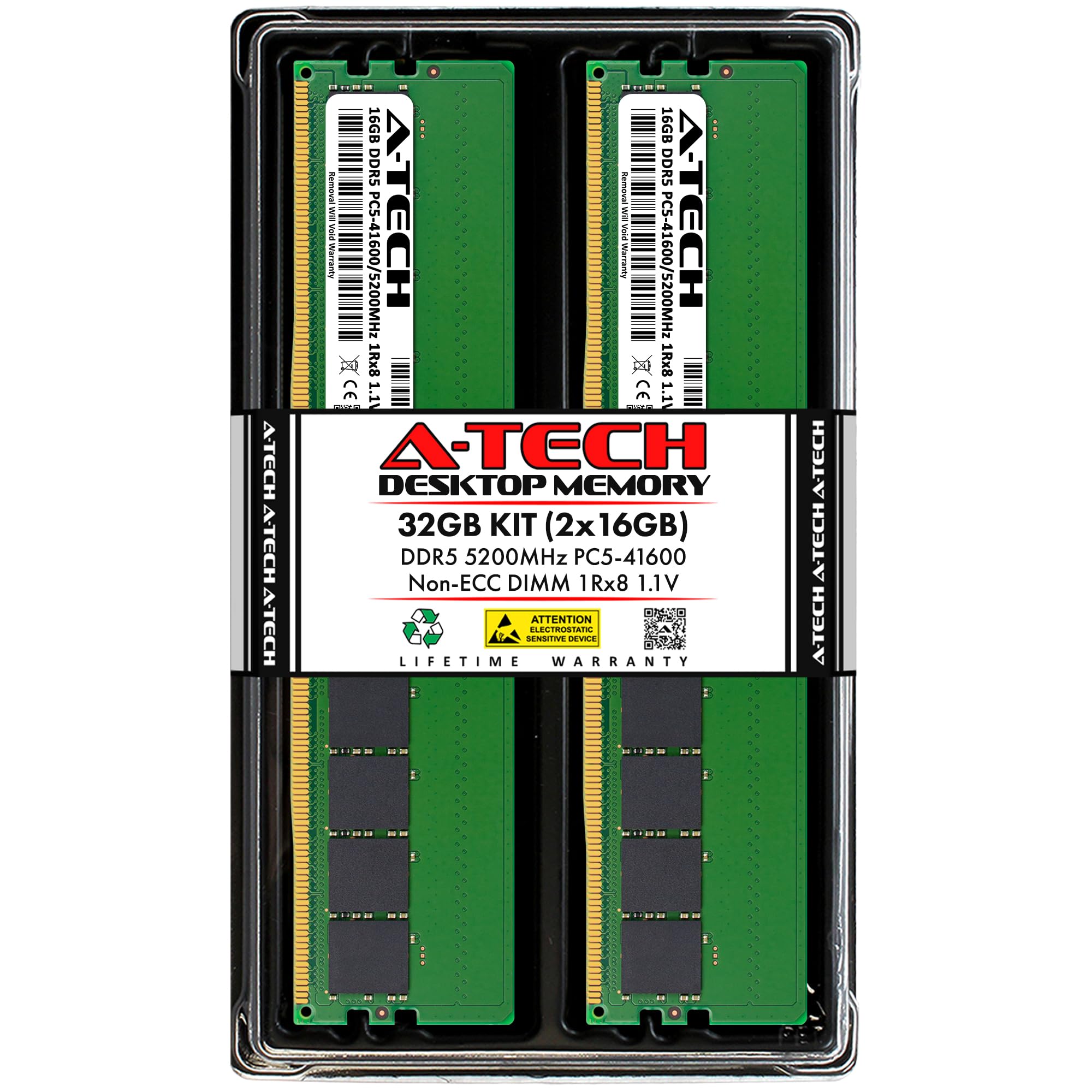 A-Tech 32GB Kit (2x16GB) DDR5 5200MHz PC5-41600 CL42 UDIMM 1Rx8 Single Rank 1.1V Non-ECC Unbuffered DIMM 288-Pin Desktop PC/Computer RAM Memory Upgrade Modules