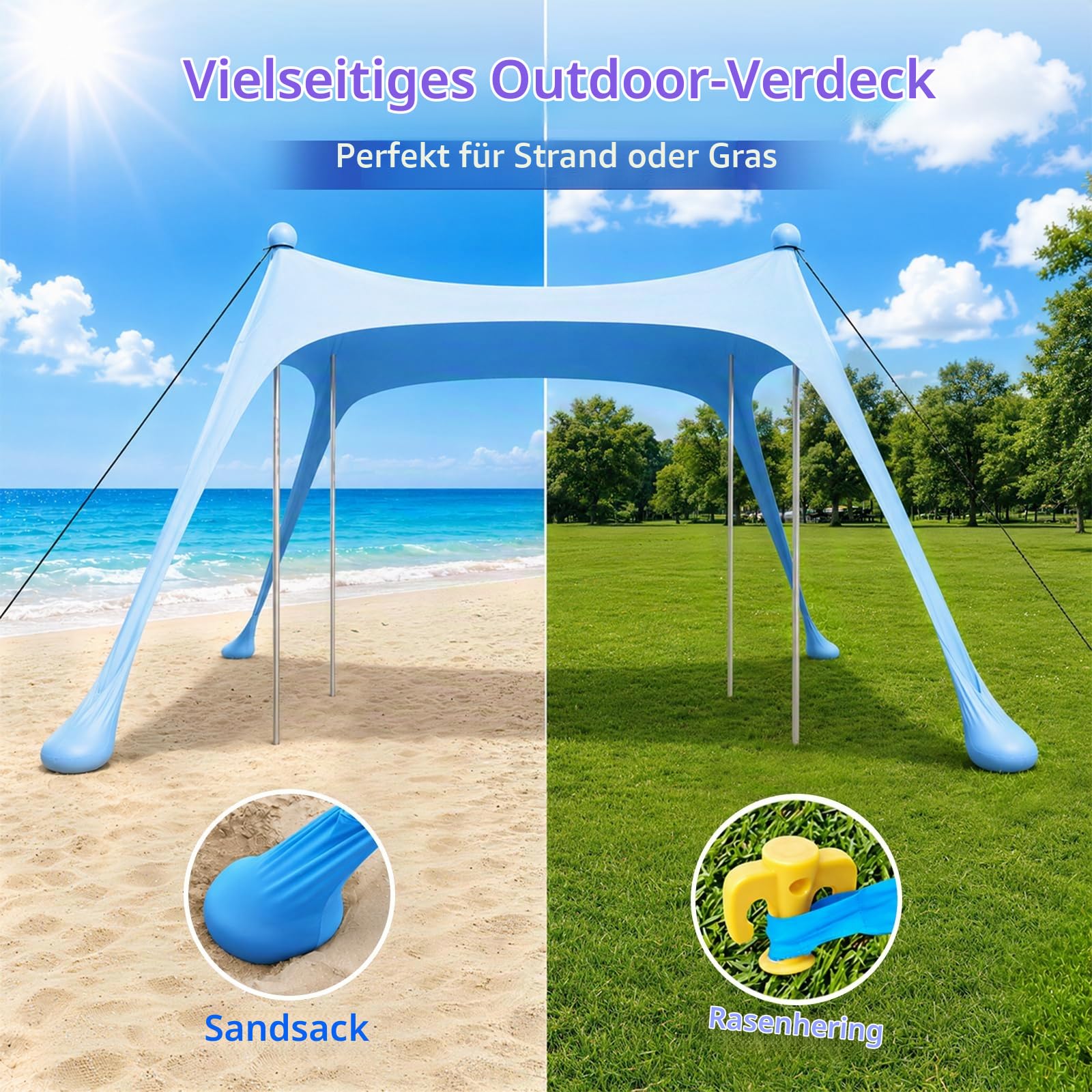 Strandzelt mit Strandmatte, LSF 50+ Hochschutz, 3x3x2m, Himmelblau | inkl. Sandanker, Alu-Stangen & Tragetasche, Perfekt für Camping, Angeln, Garten, Picknick und Strand