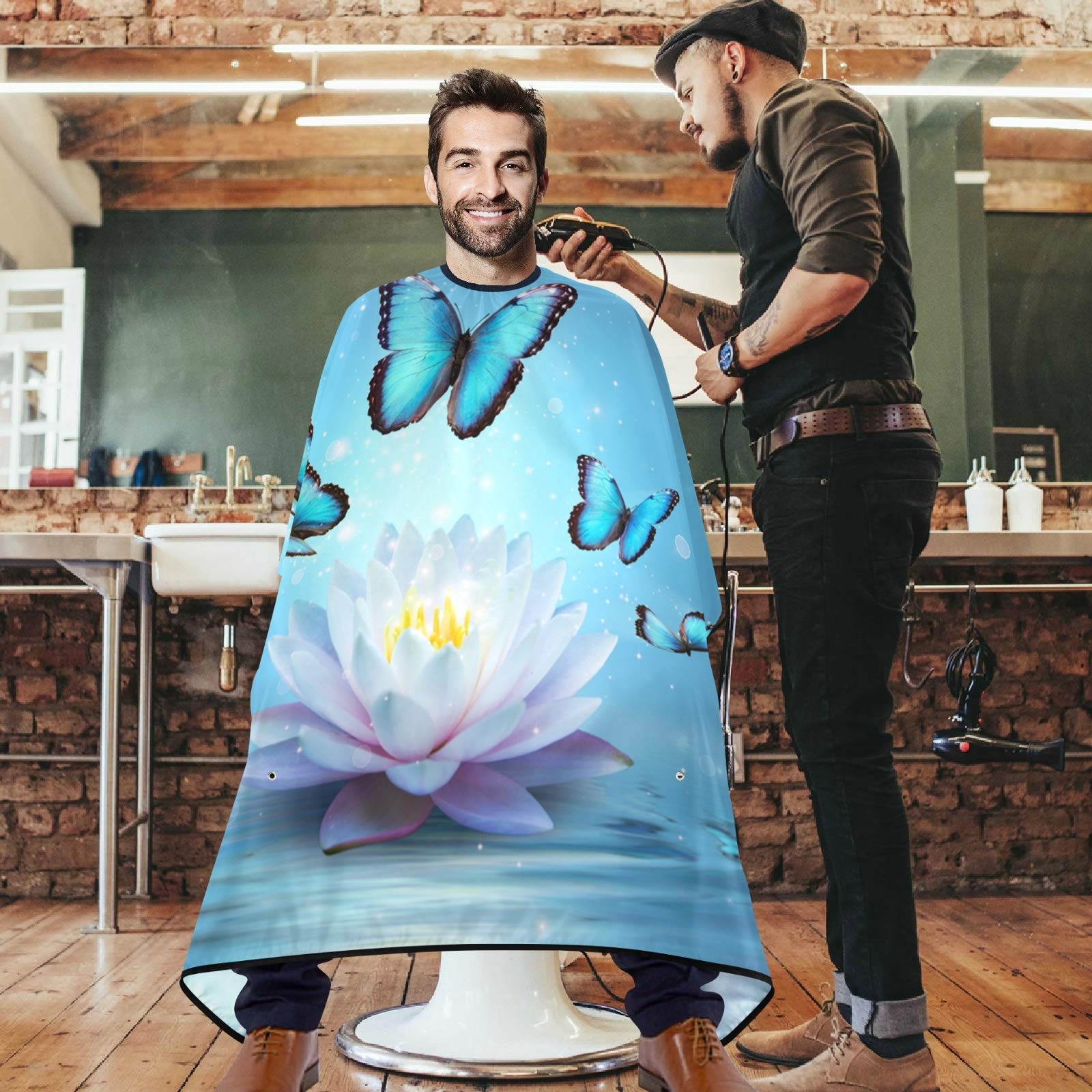 visesunny Barber Cape Blue Butterfly Lotus Polyester Hair Cutting Salon Cape Apron Anti-Static Haircut Water-Resistant Shaving Cloth Beard Shaving Bib Hairdressing Cape