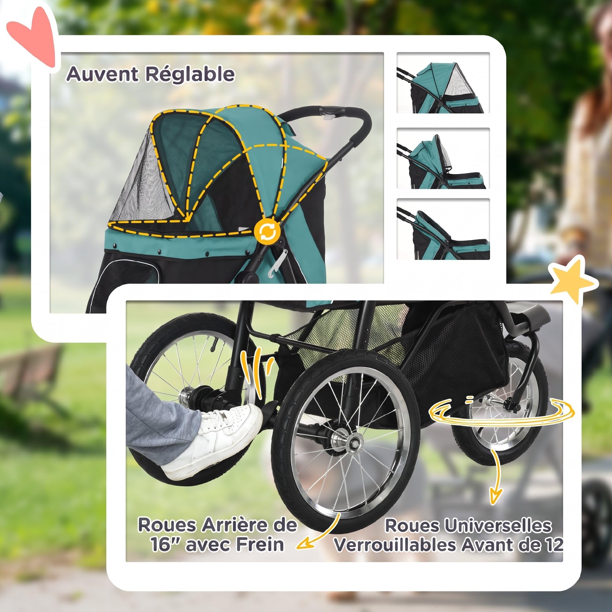 PawHut Poussette pour Chien Pliable Tout Terrain - Chariot pour Chien | 3 Grandes Roues en Caoutchouc,Poussette Chat,Roue Avant Verrouillable pour Jogging,Auvent Réglable,Bandes Réfléchissantes