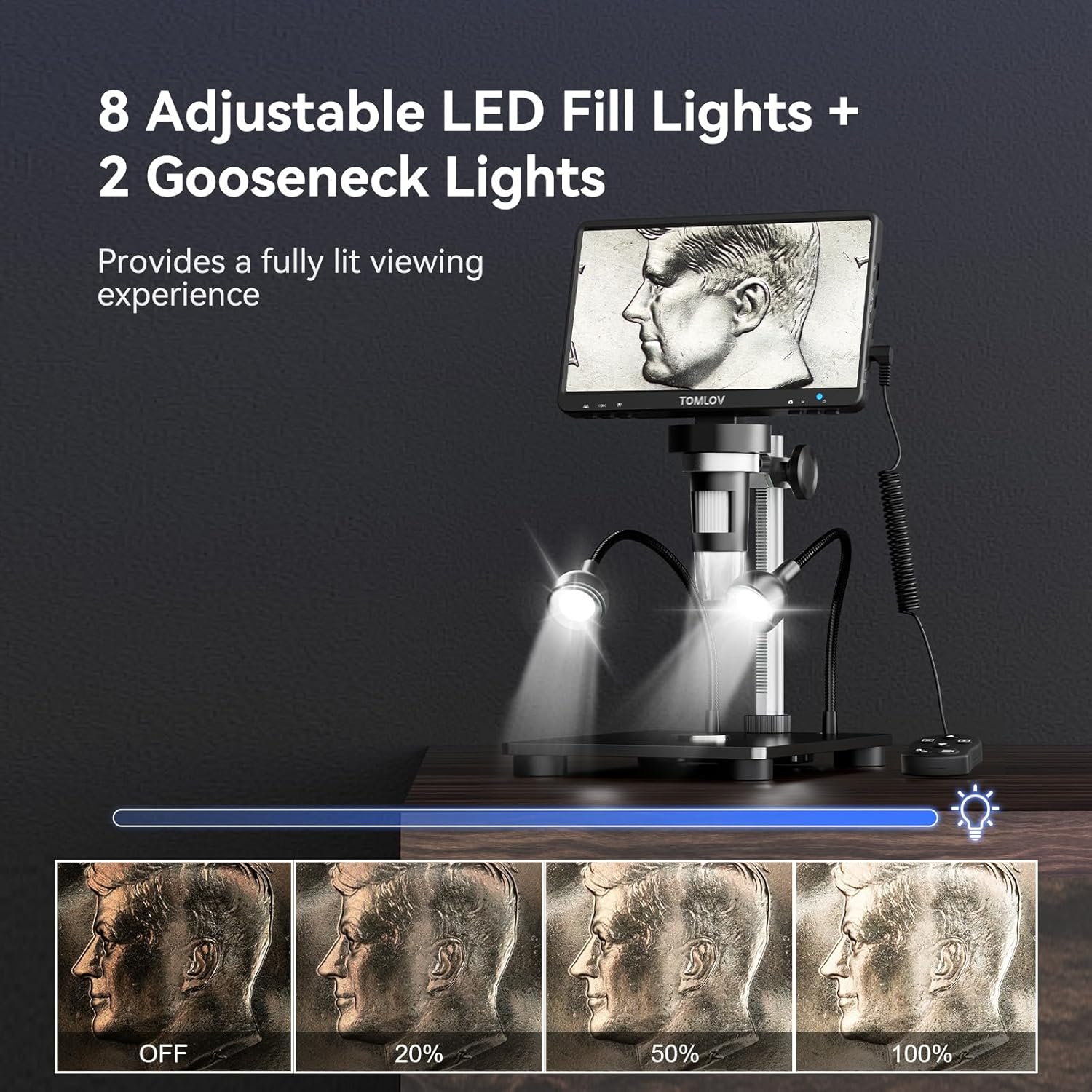 Adjustable LED fill lights and gooseneck lights on the TOMLOV DM9B Digital Microscope
