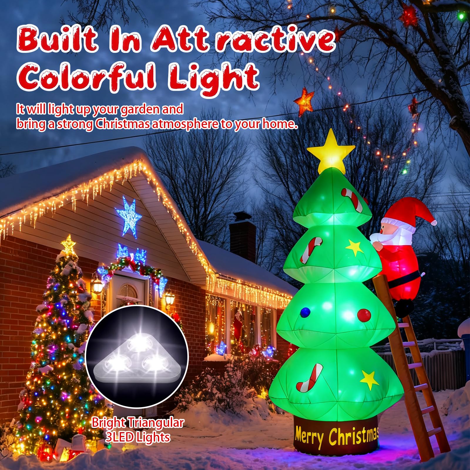 Sapin de Noël Gonflable, 210CM Decoration Noel Exterieur Gonflable avec Lumières LED, Sapin Gonflable Decoration avec Père Noël et échelle pour Jardin, Pelouse, Terrasse, Fête