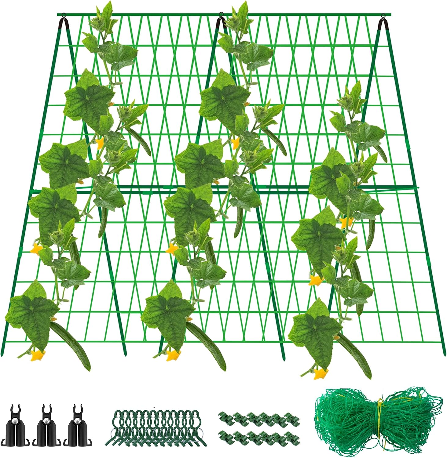 DECOHS A-Frame Metal Garden Trellis Set for Raised Bed-47x 47 Inch Detachable Climbing Trellis with Net and Clips for Outdoor Plant Cucumber Flowers Vegetables