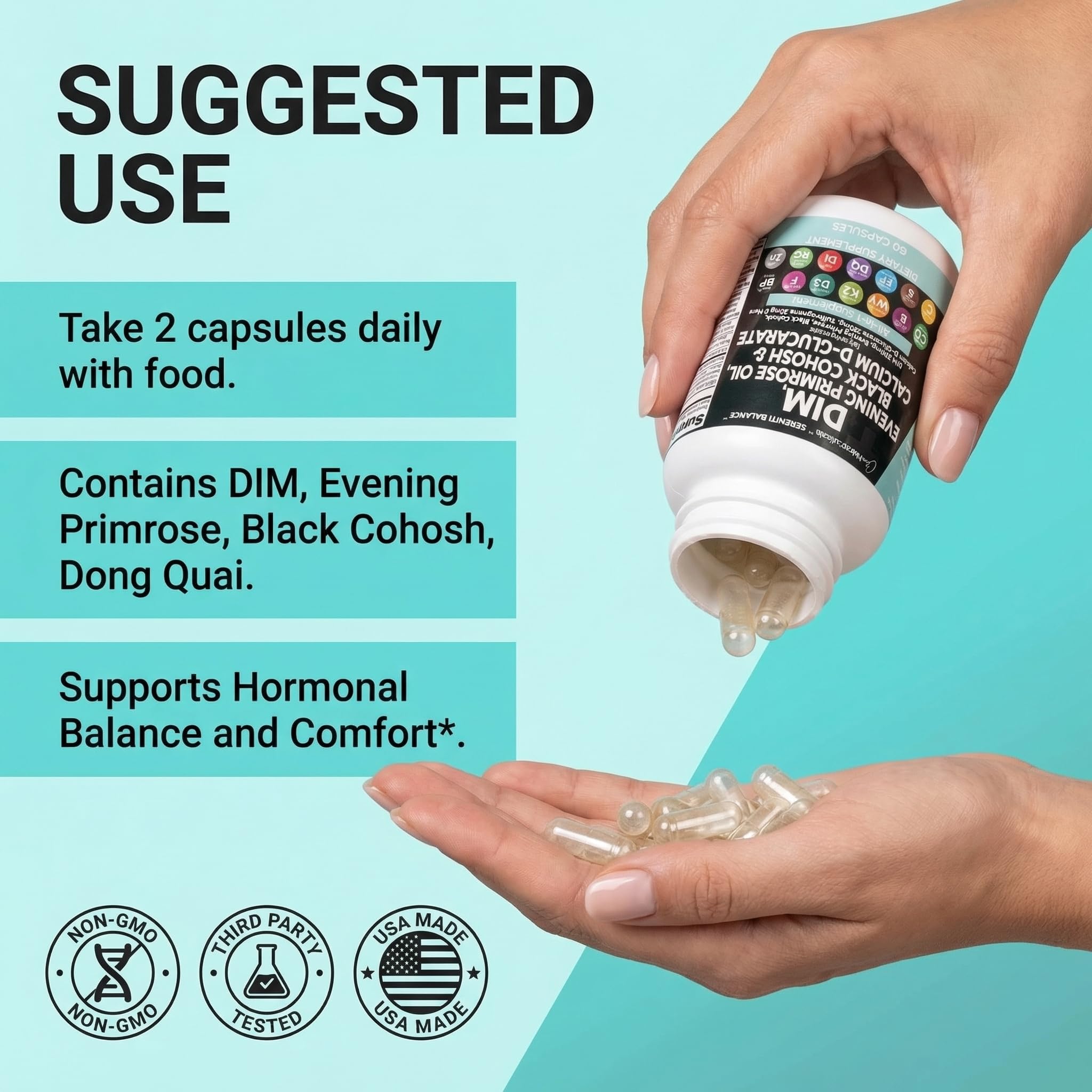 Clean Nutraceuticals DIM Evening Primrose Black Cohosh Calcium D-Glucarate Sulforaphane Flax Seed Extract - Hormonal Support Vitamins for Women with Dong Quai - 60 Caps — Amazon image 6