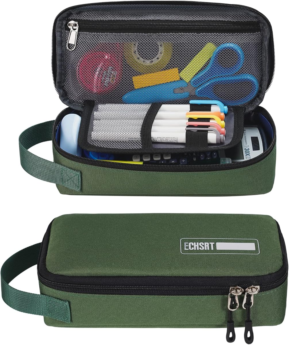 ECHSRT Pencil Case for Men Women, Large Pen Bag for Adults, Portable Pencil Pouch Aesthetic with Handle, Zipper Cases for Office Organizer Green Pencil Cases