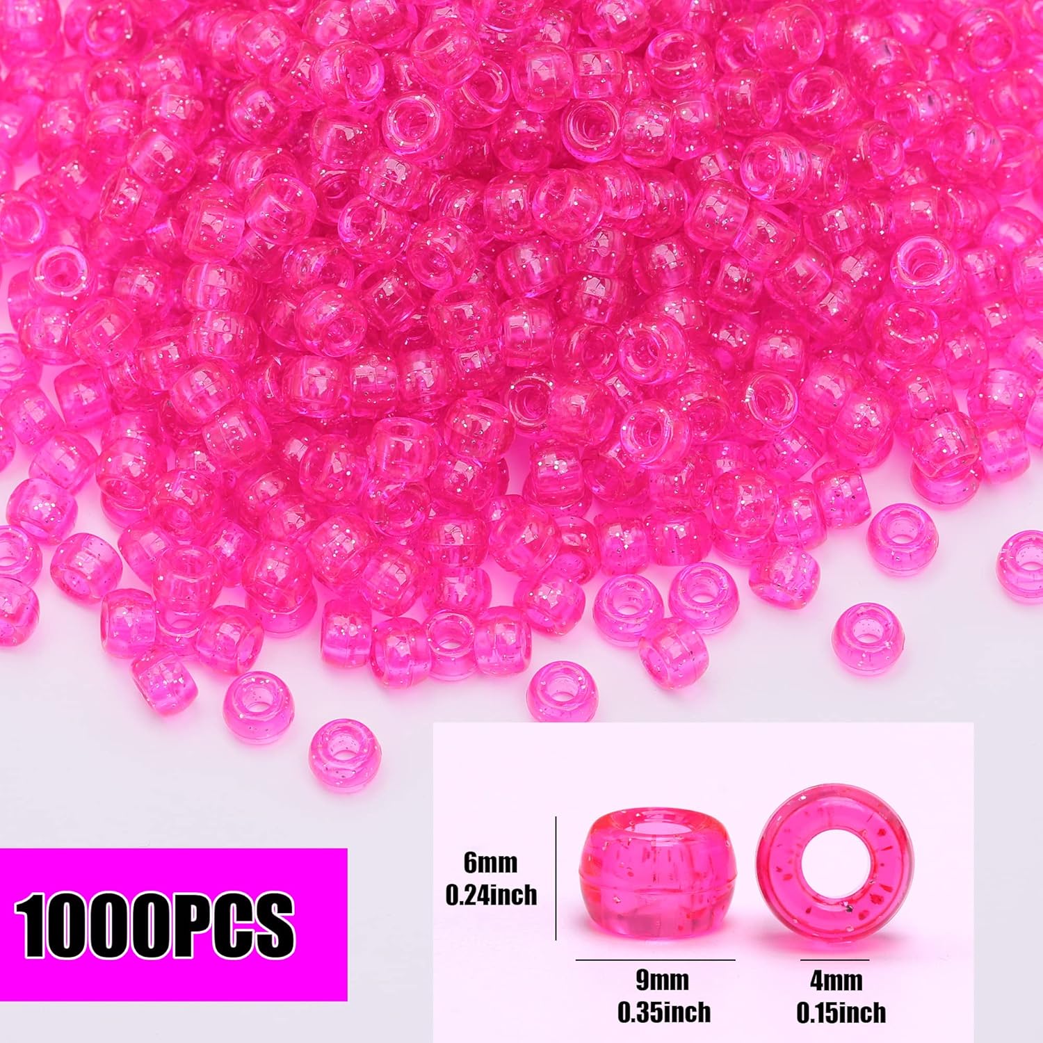 1000Pcs Pony Beads Bracelet 9mm Hot Pink Glitter Plastic Barrel Pony Beads for Necklace,Hair Beads for Braids,Key Chain,Jewelry Making (Hot Pink Glitter) - Image 2