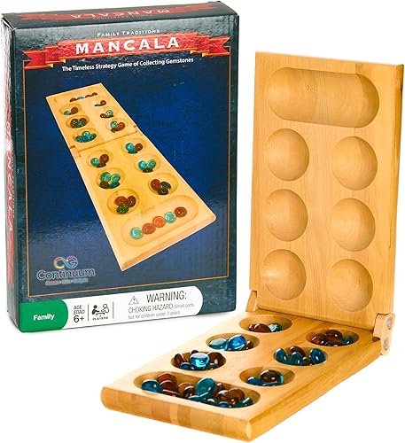 Family Traditions Mancala - Juego de mesa para 2 jugadores, divertido juego de mesa clásico con tablero de madera y bolsillos profundos para gemas